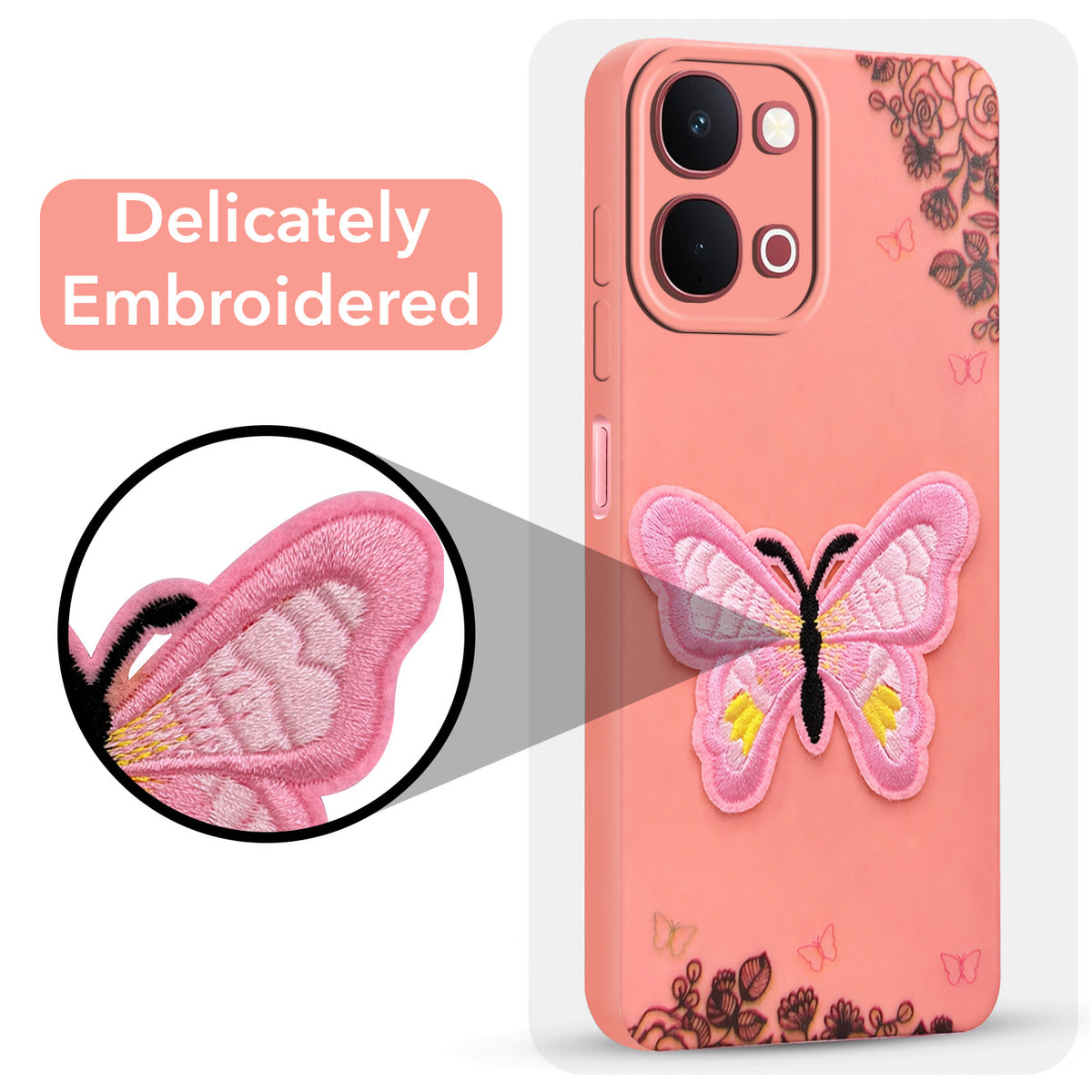 For Vivo Y31T 5G Back Cover Case (Soft Butterfly Embroidery | Women Teen Girls | Camera Protection| Matte Silicone)