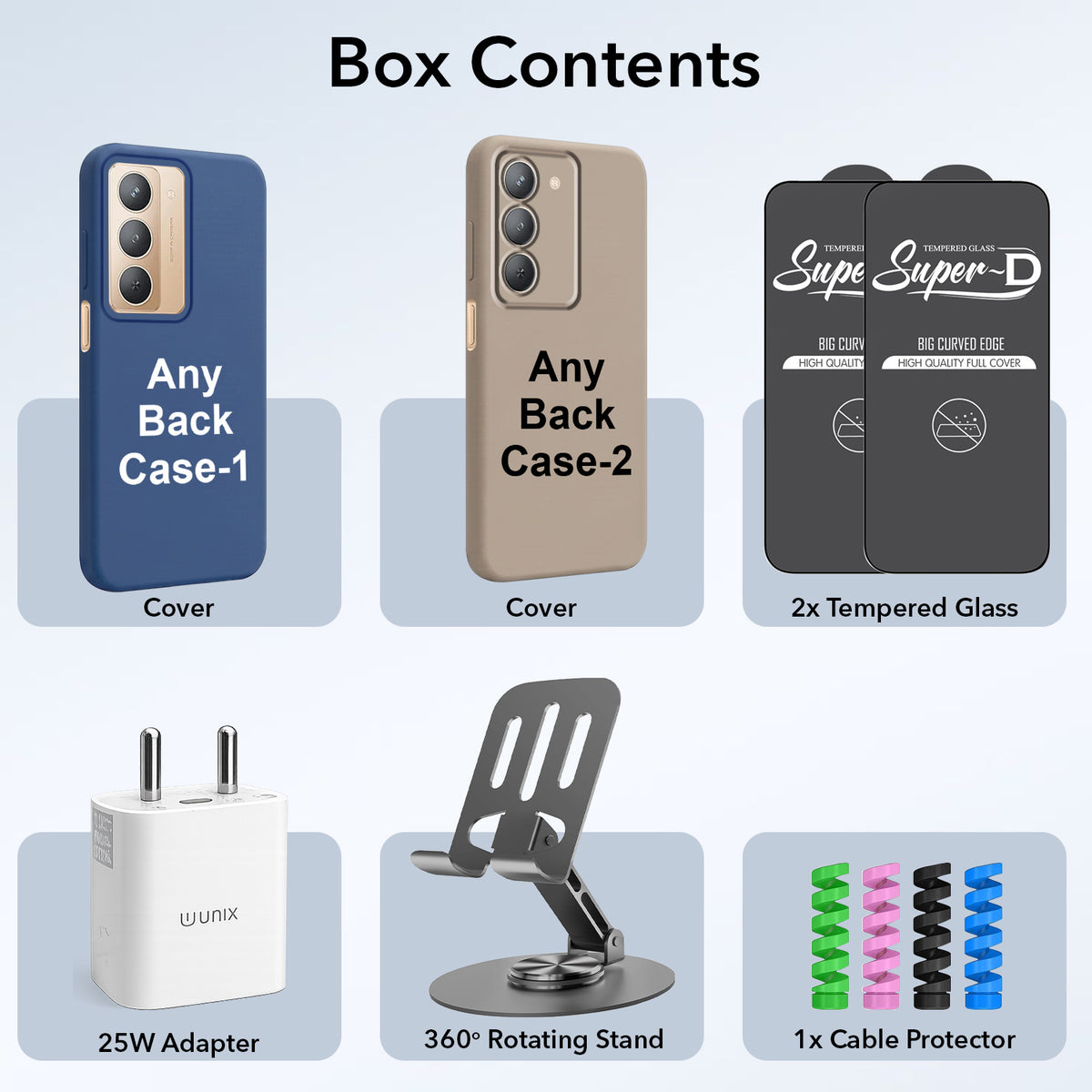 Complete Mobile Care Kit (Get Any 2 Cases+2 Tempered Glass+25W Charger Adapter+Metallic Mobile Stand+Cable Protector)