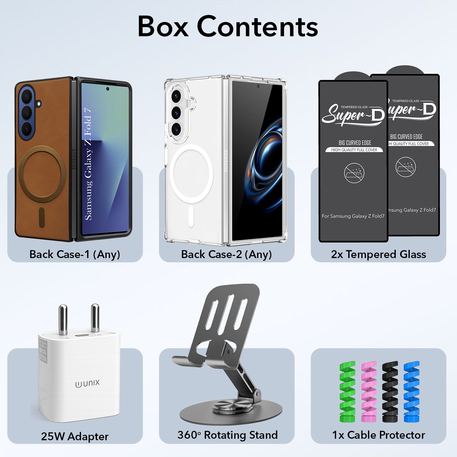 Complete Mobile Care Kit (Get Any 2 Cases+2 Tempered Glass+25W Charger Adapter+Metallic Mobile Stand+Cable Protector)