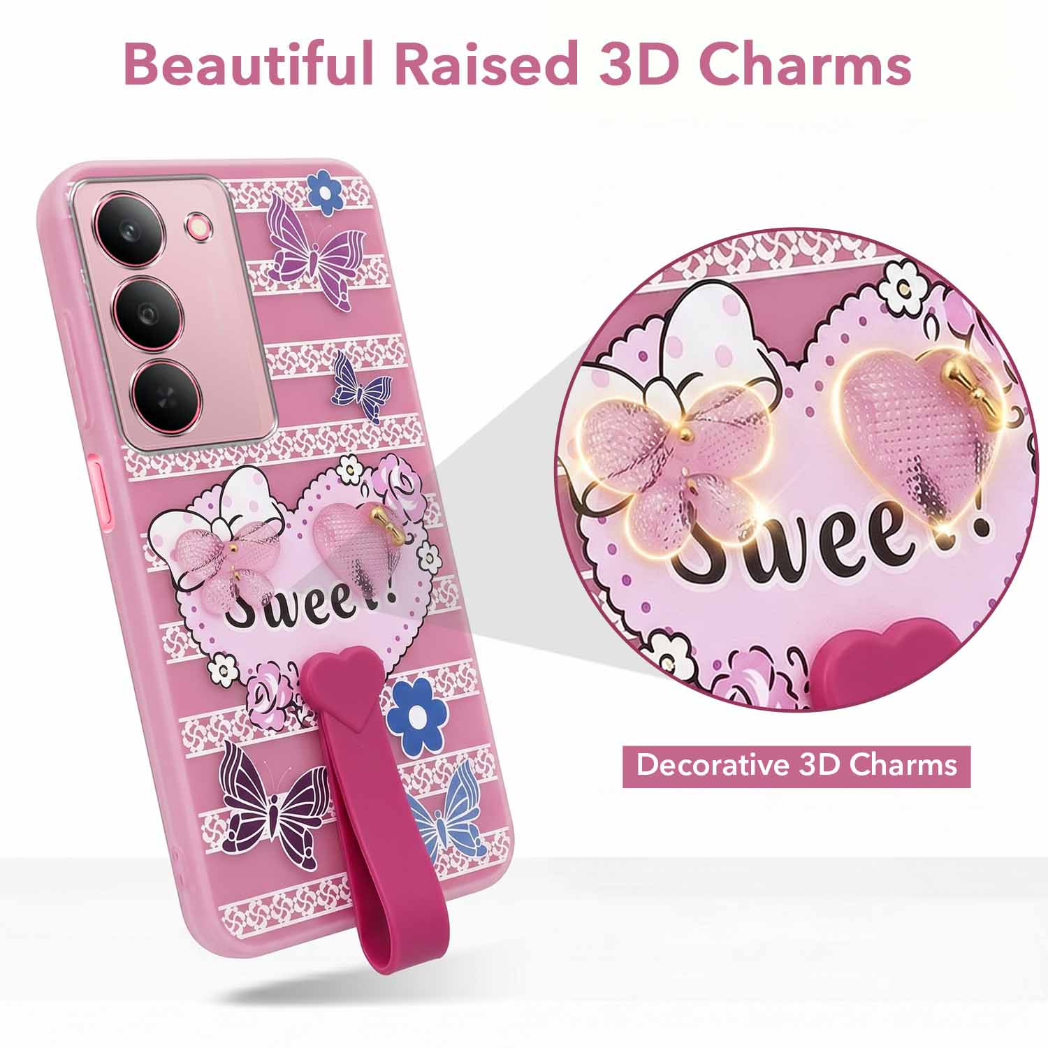 For Realme 14X Back Cover Case (3D Cute Heart Strap Holder | Camera Protection | Designer Girls Print)