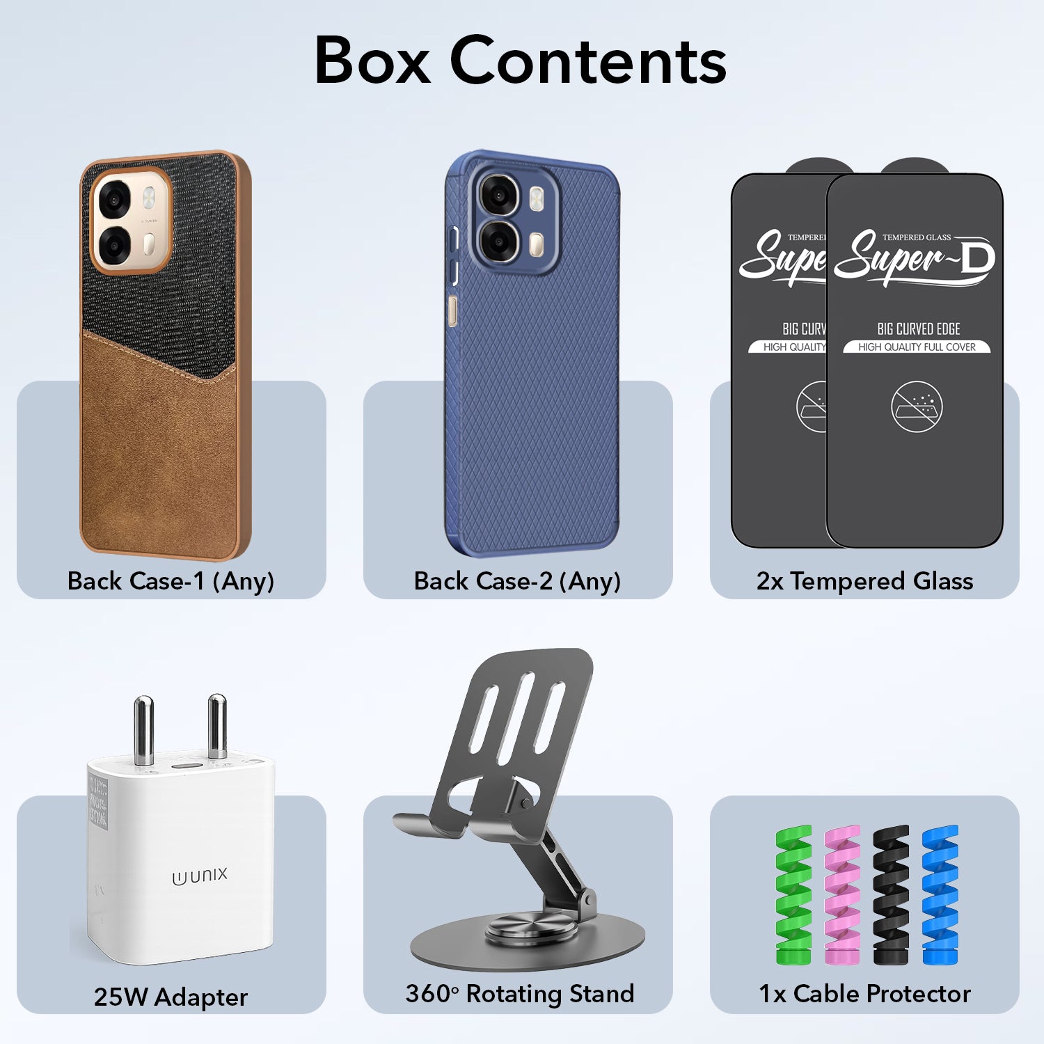 Complete Mobile Care Kit (Get Any 2 Cases+2 Tempered Glass+25W Charger Adapter+Metallic Mobile Stand+Cable Protector)