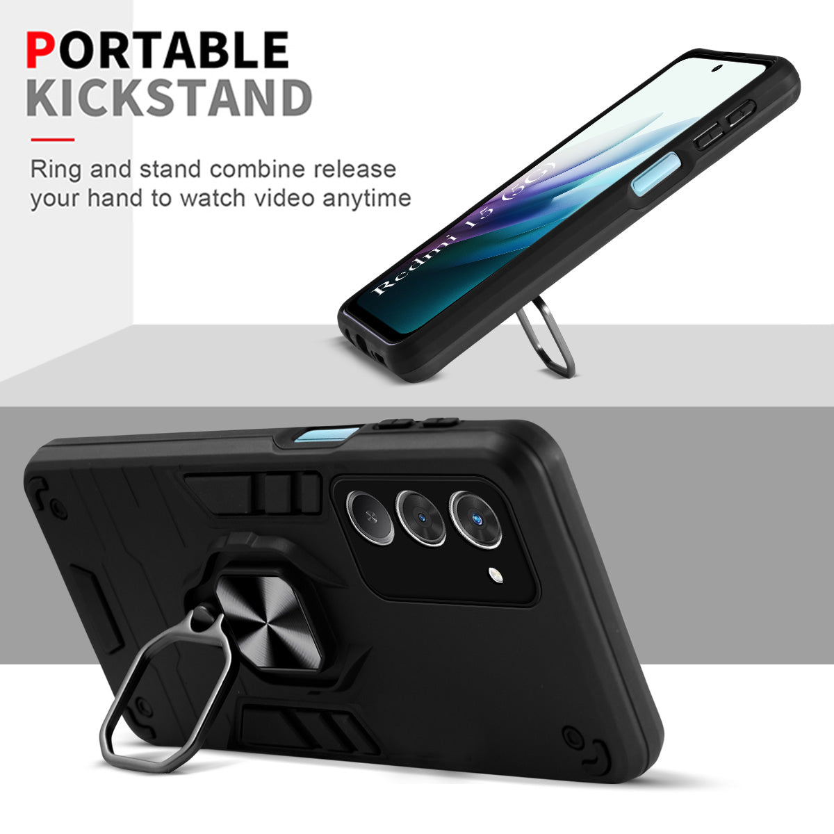 For Redmi 15 Back Cover Case (Shockproof Dual Layer Polycarbonate |Ring Holder Kickstand)