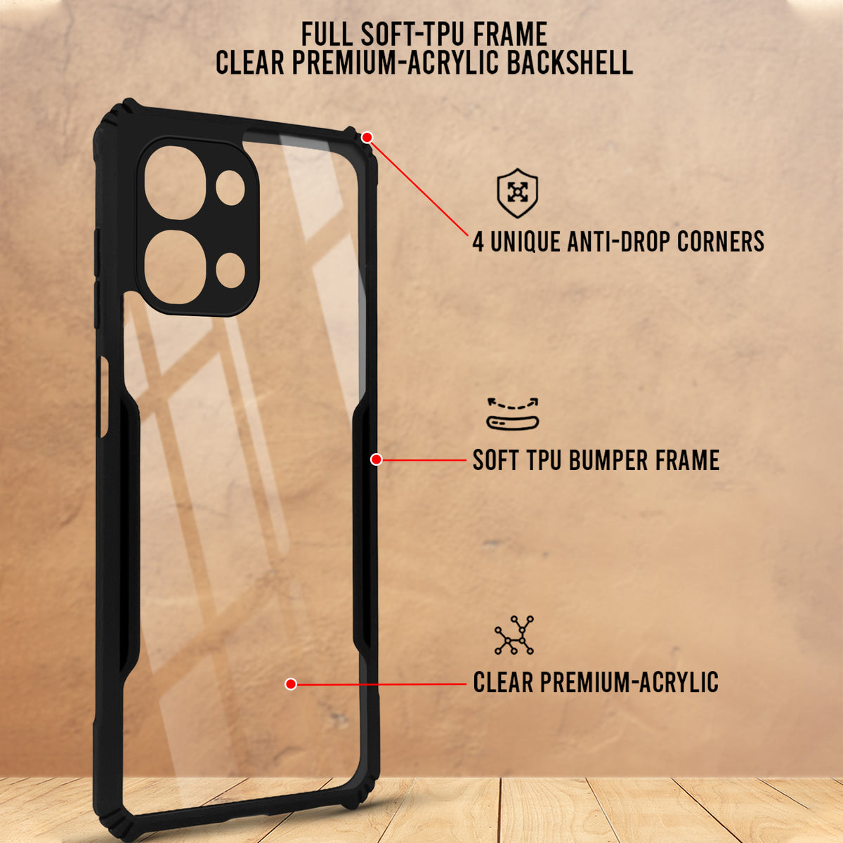 For Vivo Y31T 5G Back Cover Case Hybrid (Shockproof with Polycarbonate Clear Panel | Professional Black)