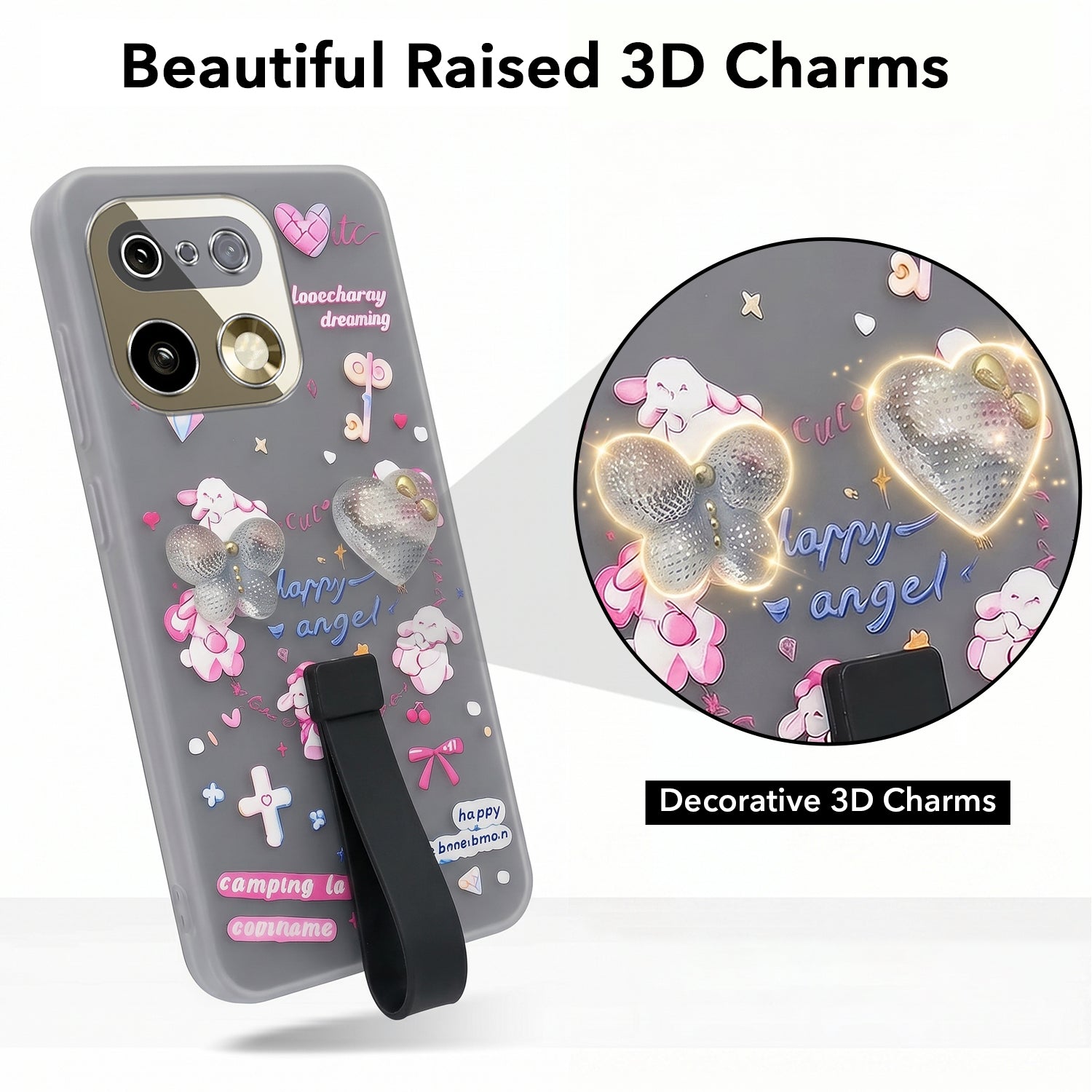 For Realme 16 Pro Plus 5G Back Cover Case (3D Cute Heart Strap Holder | Camera Protection | Designer Girls Print)