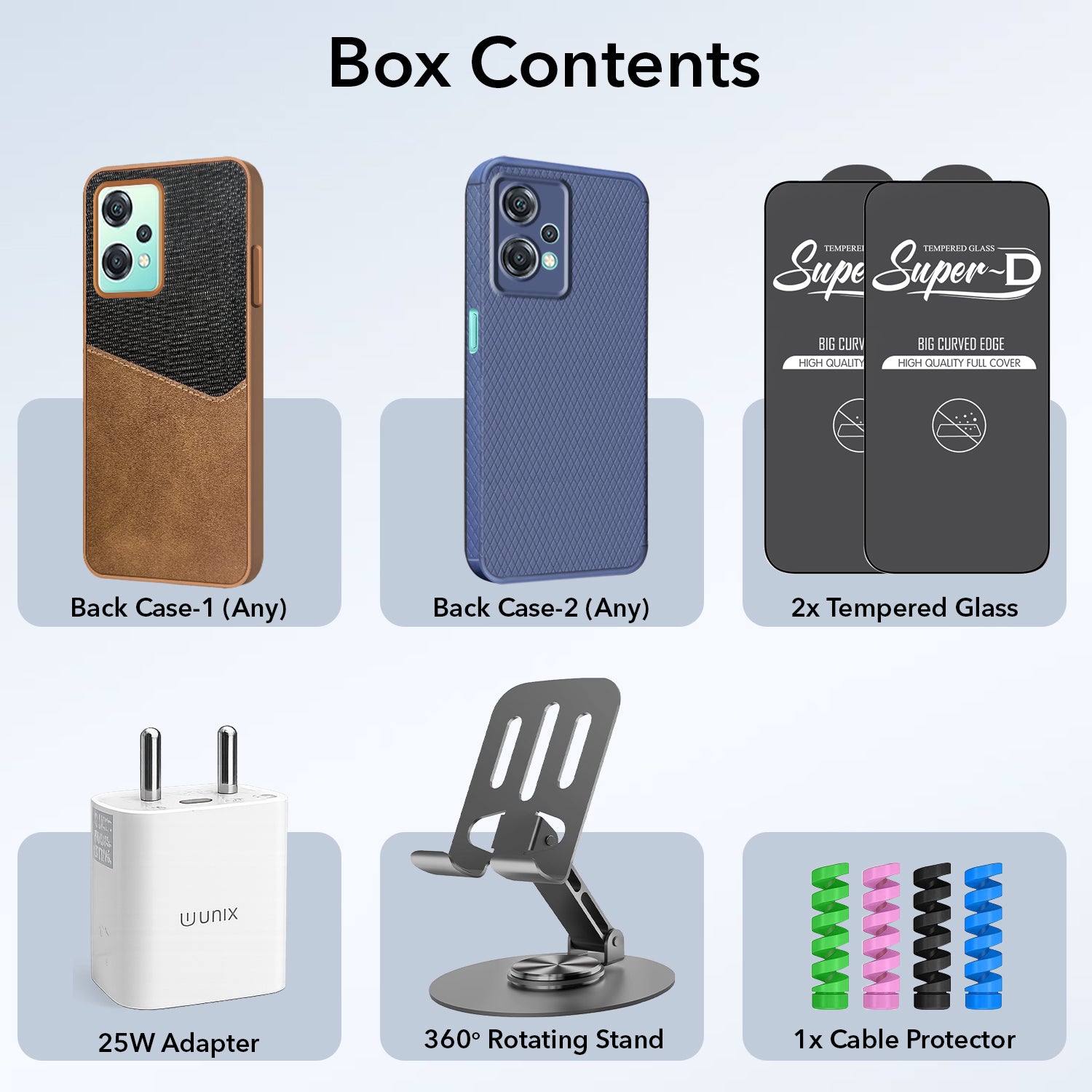 Complete Mobile Care Kit (Get Any 2 Cases+2 Tempered Glass+25W Charger Adapter+Metallic Mobile Stand+Cable Protector)