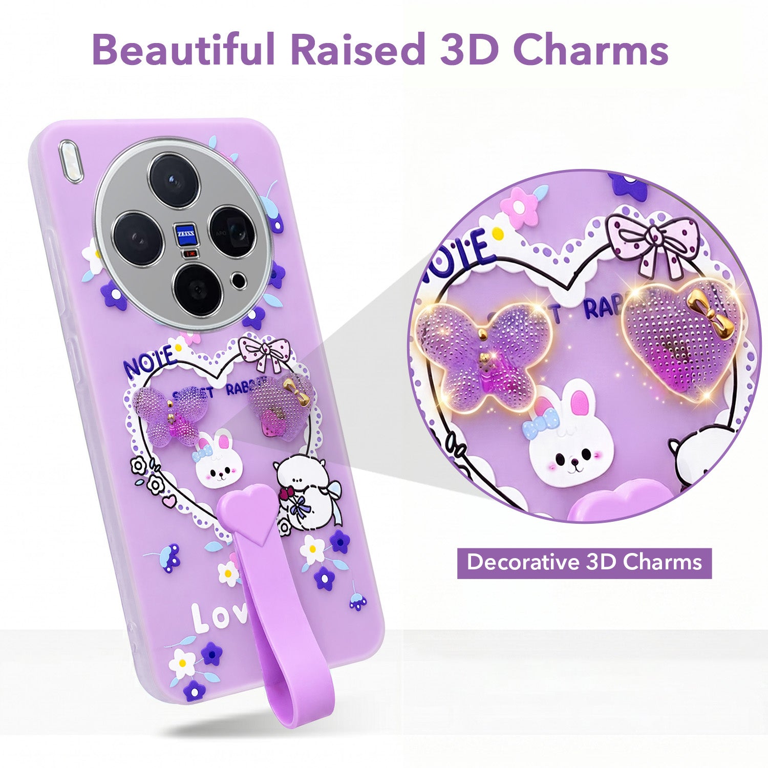 For Vivo X300 5G Back Cover Case (3D Cute Heart Strap Holder | Camera Protection | Designer Girls Print)