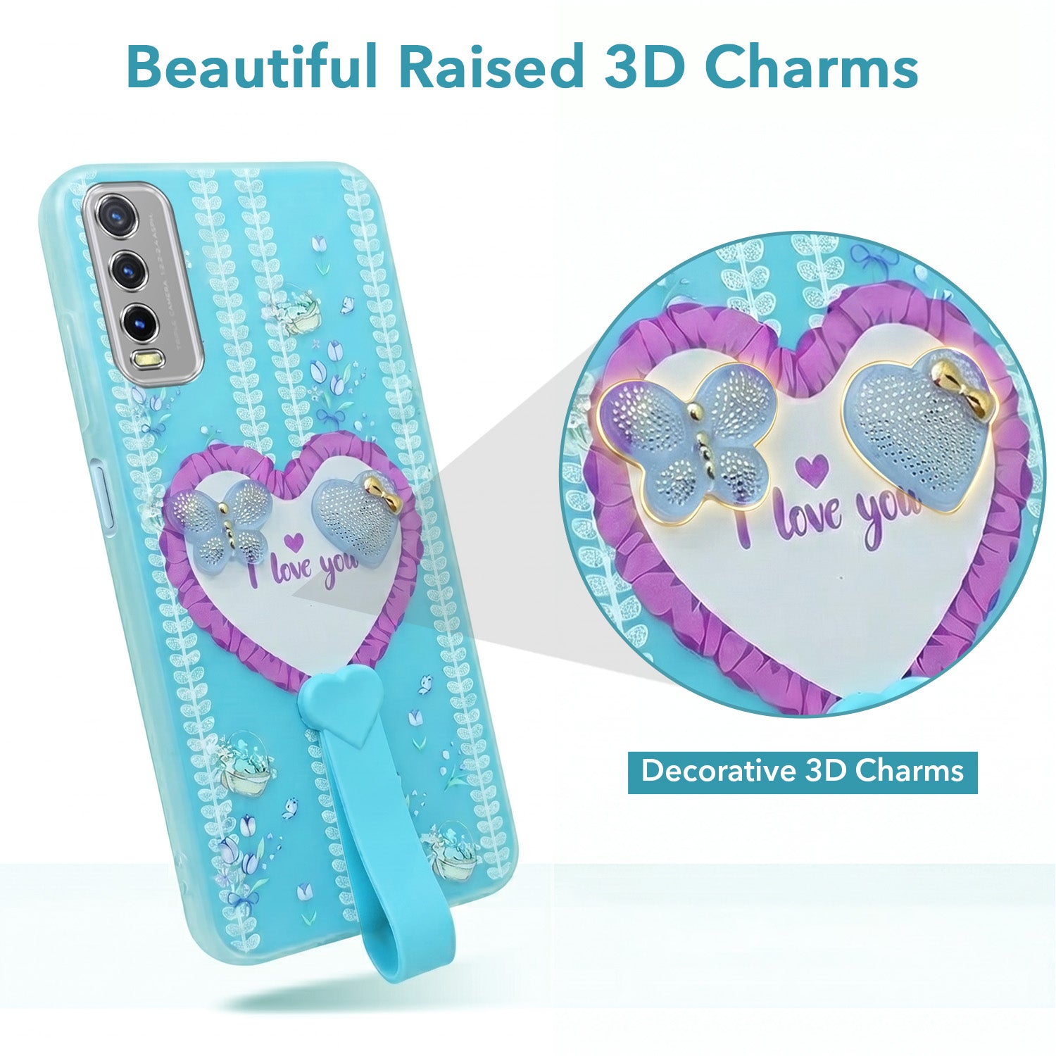 For Vivo Y20A | Y20T | Y20G Back Cover Case (3D Cute Heart Strap Holder | Camera Protection | Designer Girls Print)