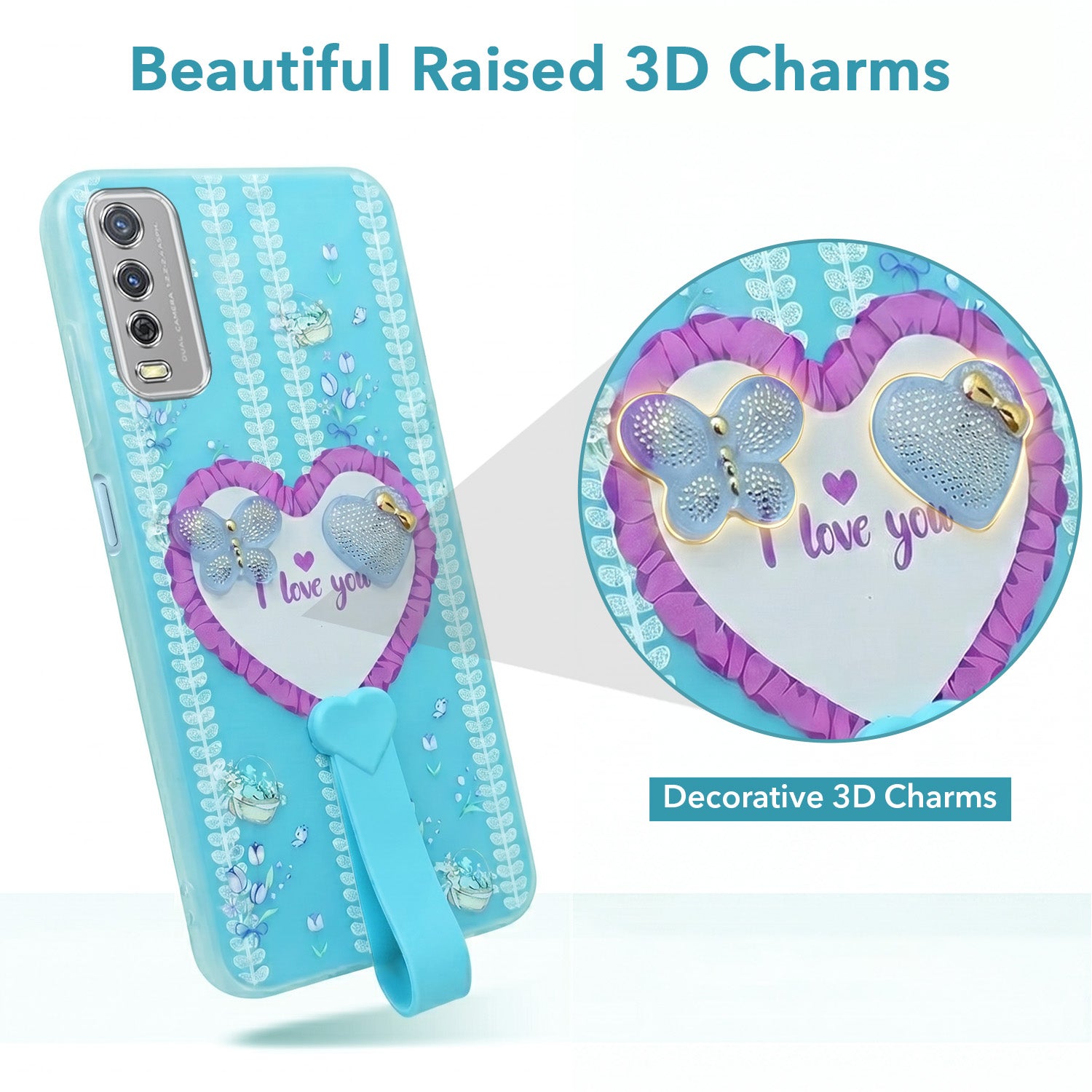 For Vivo Y12s | Y11s | Y12G Back Cover Case (3D Cute Heart Strap Holder | Camera Protection | Designer Girls Print)