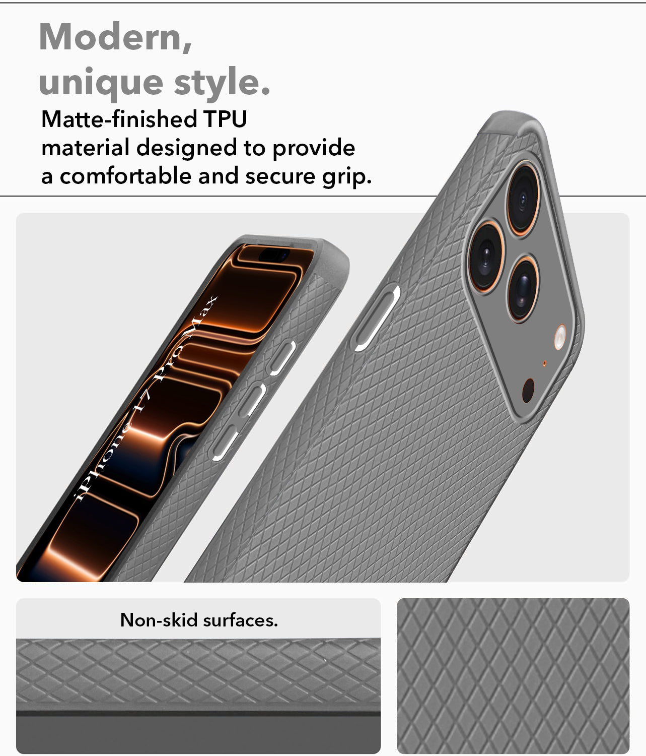 For Apple iPhone 17 Pro Max Back Cover Case (Camera Protection | Side Grip Texture | Soft and Flexible)