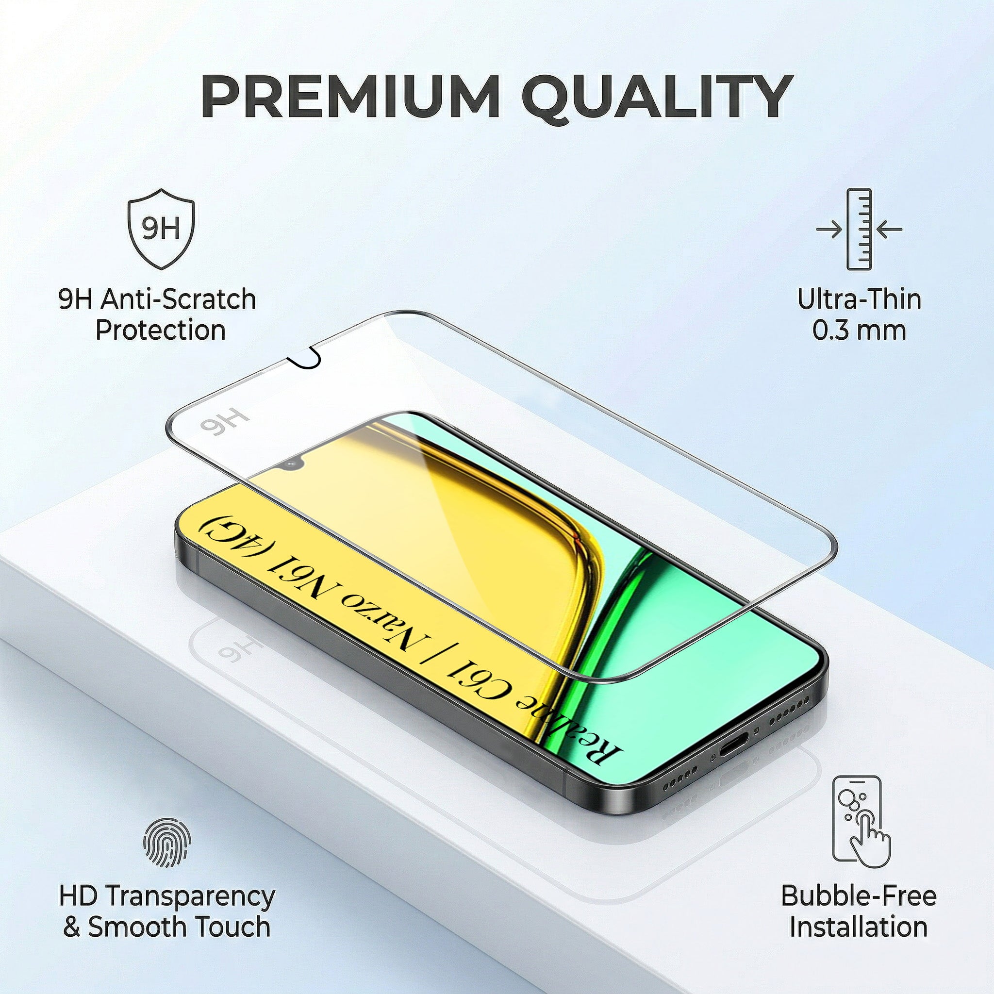 For Realme C61 | Realme Narzo N61 Combo with Back Cover and 9H Tempered Glass (Textured Grip Design | Micro-Fiber Cloth Inside | Oleophobic Coating Screen Glass)