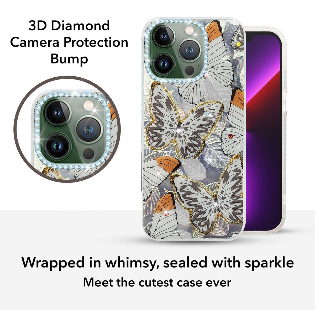 For Apple iPhone 13 Pro Back Cover Case (Luxury Floral Glitter Cute Butterfly | Diamond Studded Camera Bump | Girls & Women Design)