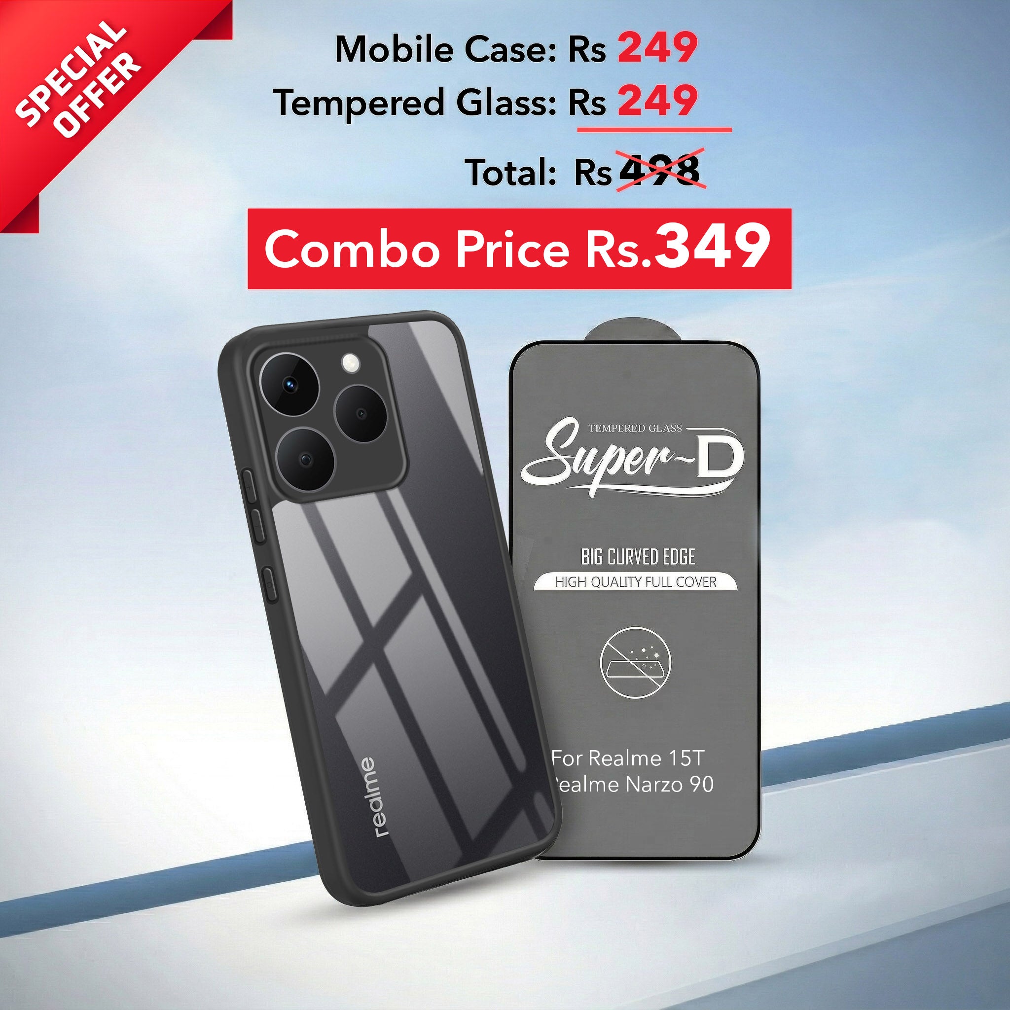 For Realme 15T | Realme Narzo 90 Combo with Back Cover and 9H Tempered Glass (Lifetime Anti-Yellow | Crystal Clear Shockproof | Oleophobic Coating Screen Glass)