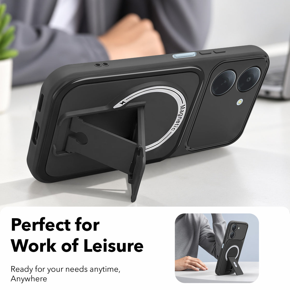 For Poco C81x Back Case Cover Metallic (Hybrid Armor Kickstand | MagSafe Compatible | Camera Protection Shockproof)