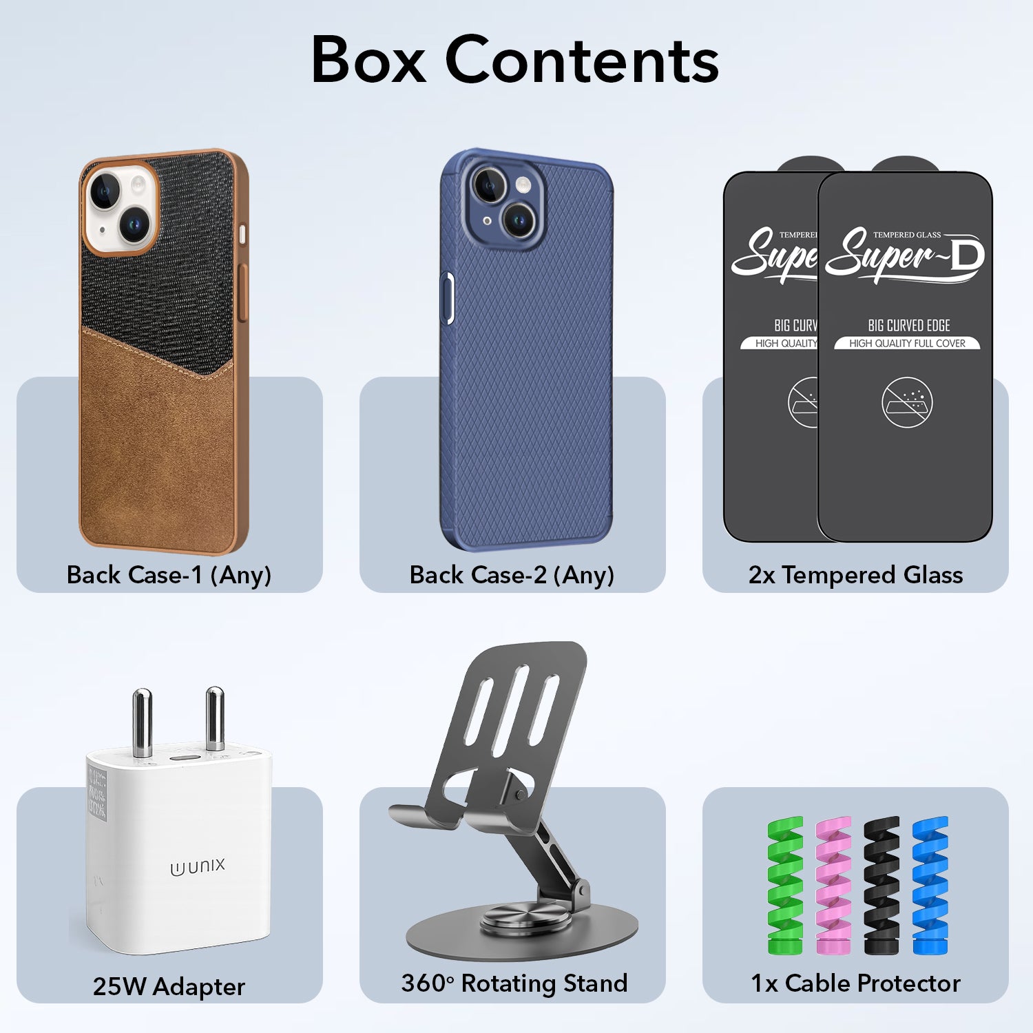 Complete Mobile Care Kit (Get Any 2 Cases+2 Tempered Glass+25W Charger Adapter+Metallic Mobile Stand+Cable Protector)