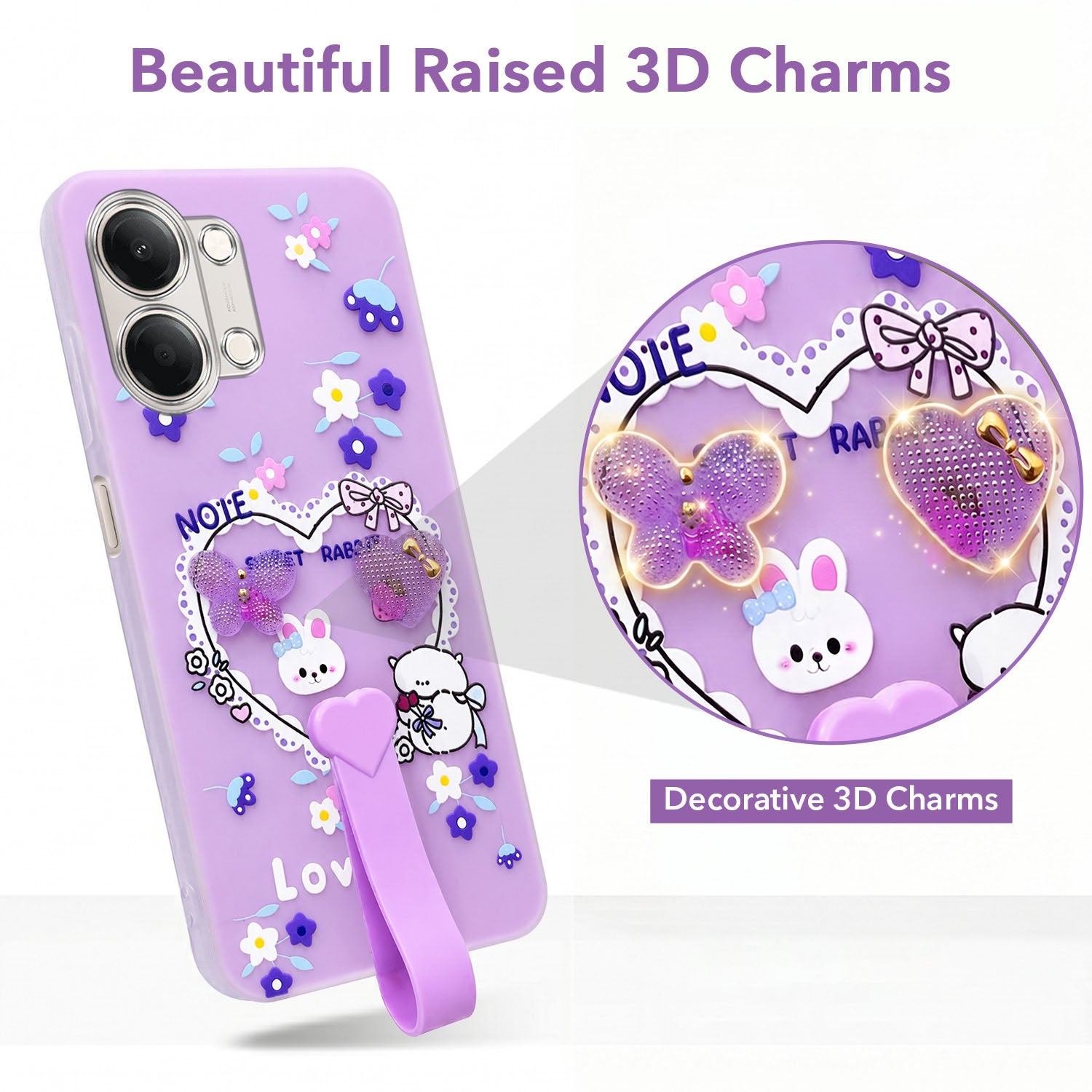For Vivo Y11 | Vivo Y21 5G Back Cover Case (3D Cute Heart Strap Holder | Camera Protection | Designer Girls Print)
