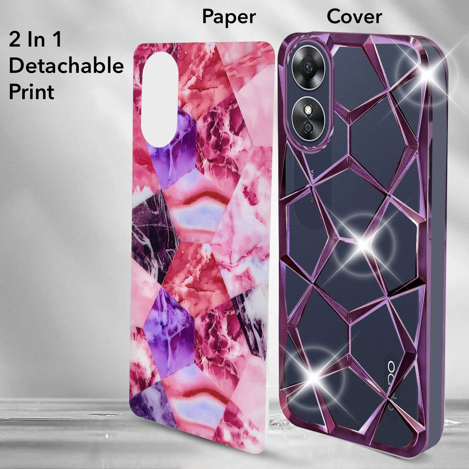 For Oppo A17 Back Cover Case Compatible 3D Silicone (Dual Design Glitter Sparkle and Detachable Diamond Print Case | Soft and Flexible)