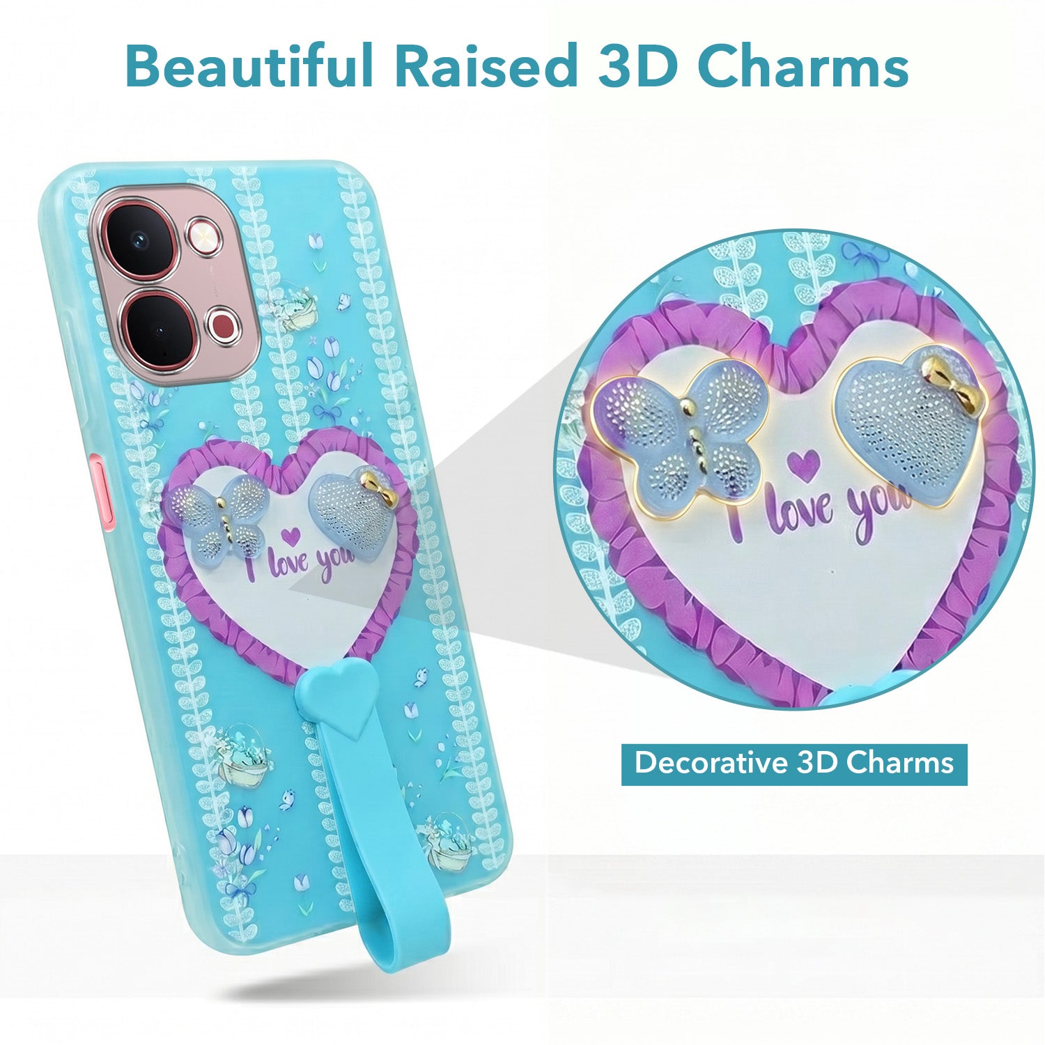 For Vivo Y51 Pro 5G | Vivo T5x Back Cover Case (3D Cute Heart Strap Holder | Camera Protection | Designer Girls Print)