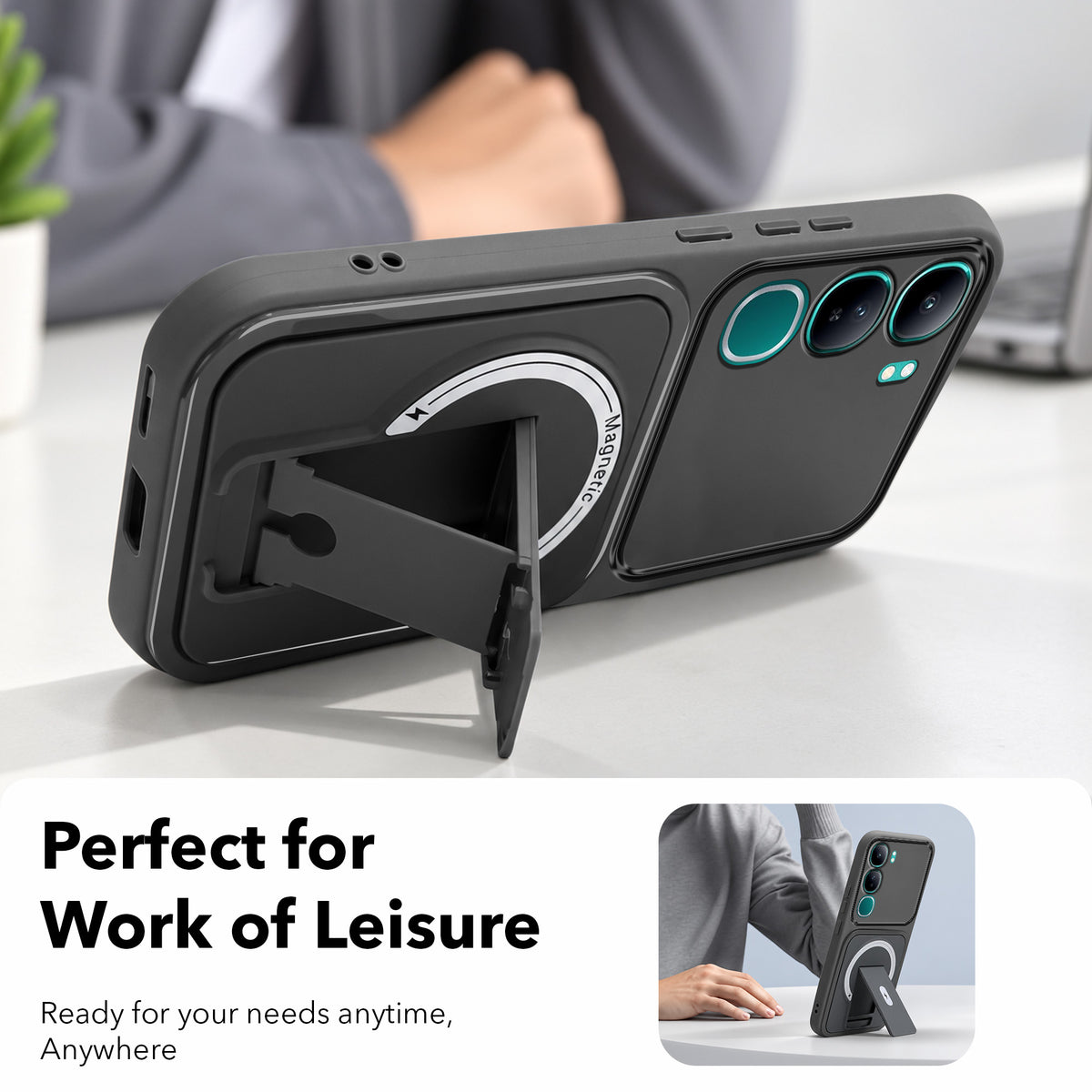 For Vivo Y300 Back Case Cover Metallic (Hybrid Armor Kickstand | MagSafe Compatible | Camera Protection Shockproof)
