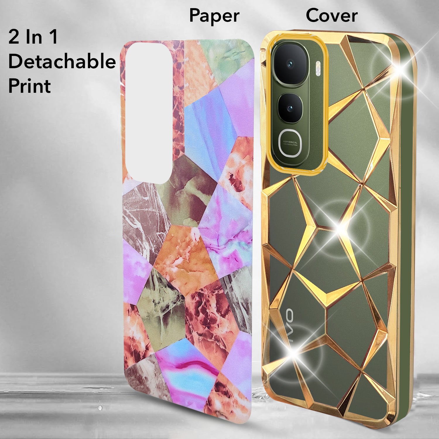 For Vivo Y400 Back Cover Case 3D Silicone Compatible (Dual Design Glitter Sparkle and Detachable Diamond Print Case | Soft and Flexible)