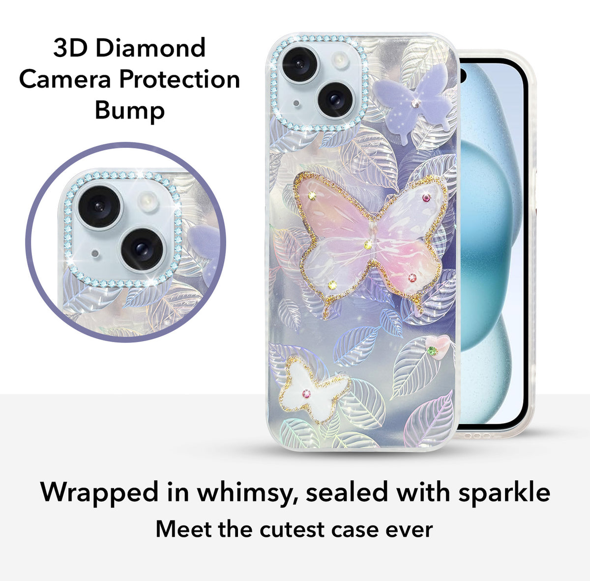 For Apple iPhone 15 Back Cover Case (Luxury Floral Glitter Cute Butterfly | Diamond Studded Camera Bump | Girls & Women Design)