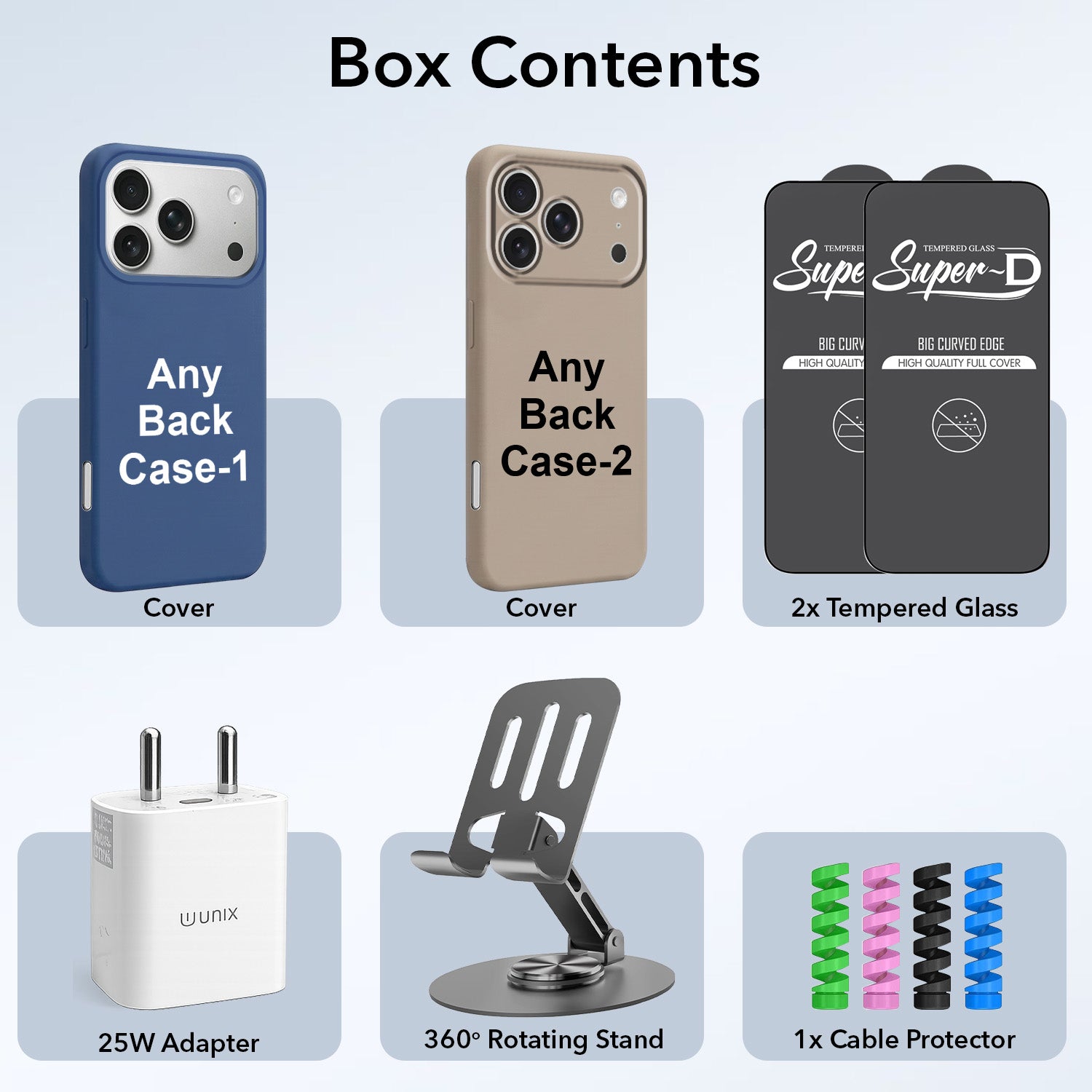 Complete Mobile Care Kit (Get Any 2 Cases+2 Tempered Glass+25W Charger Adapter+Metallic Mobile Stand+Cable Protector)