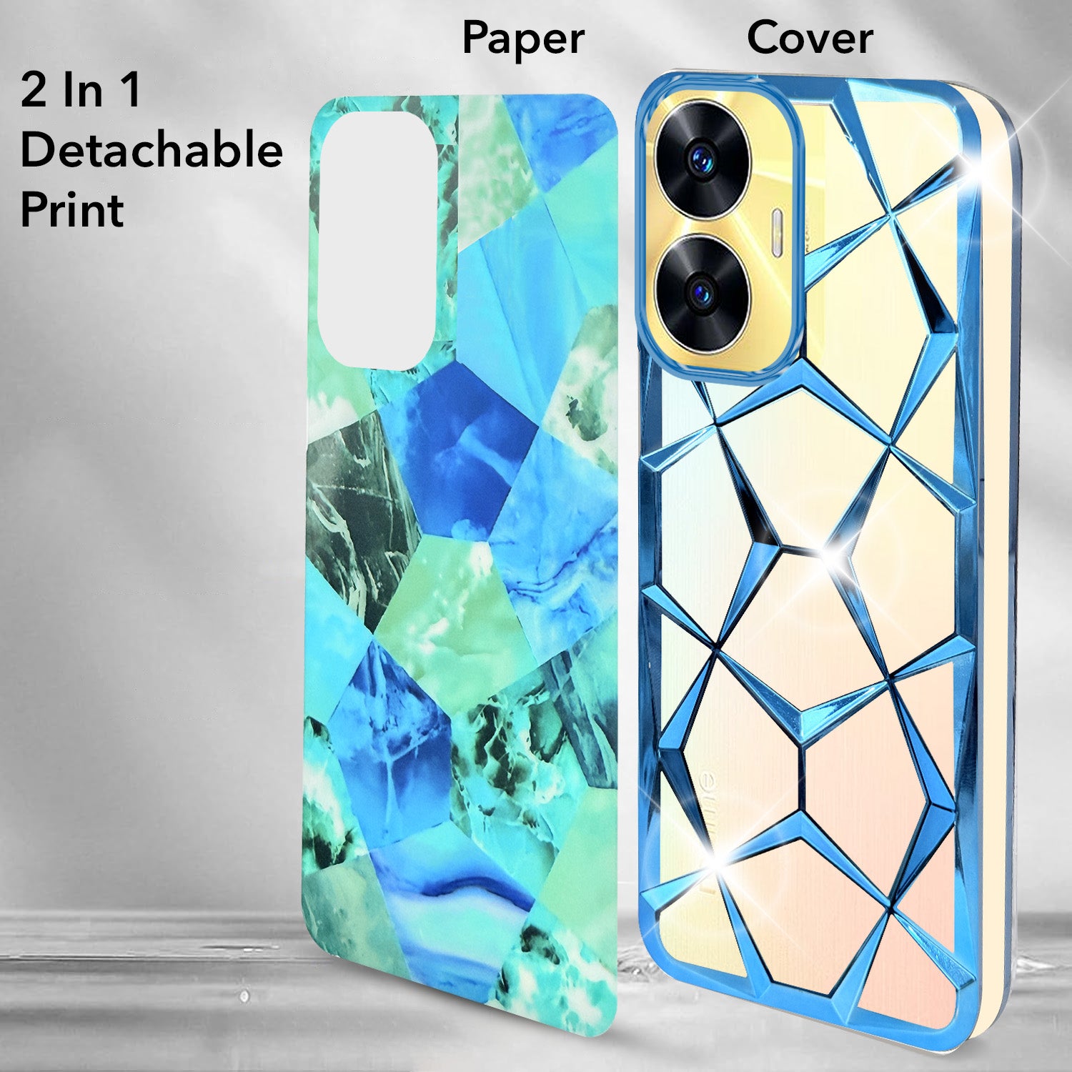 For Realme C55 Back Cover Case 3D Silicon Compatible (Dual Design Glitter Sparkle and Detachable Diamond Print Case | Soft and Flexible)