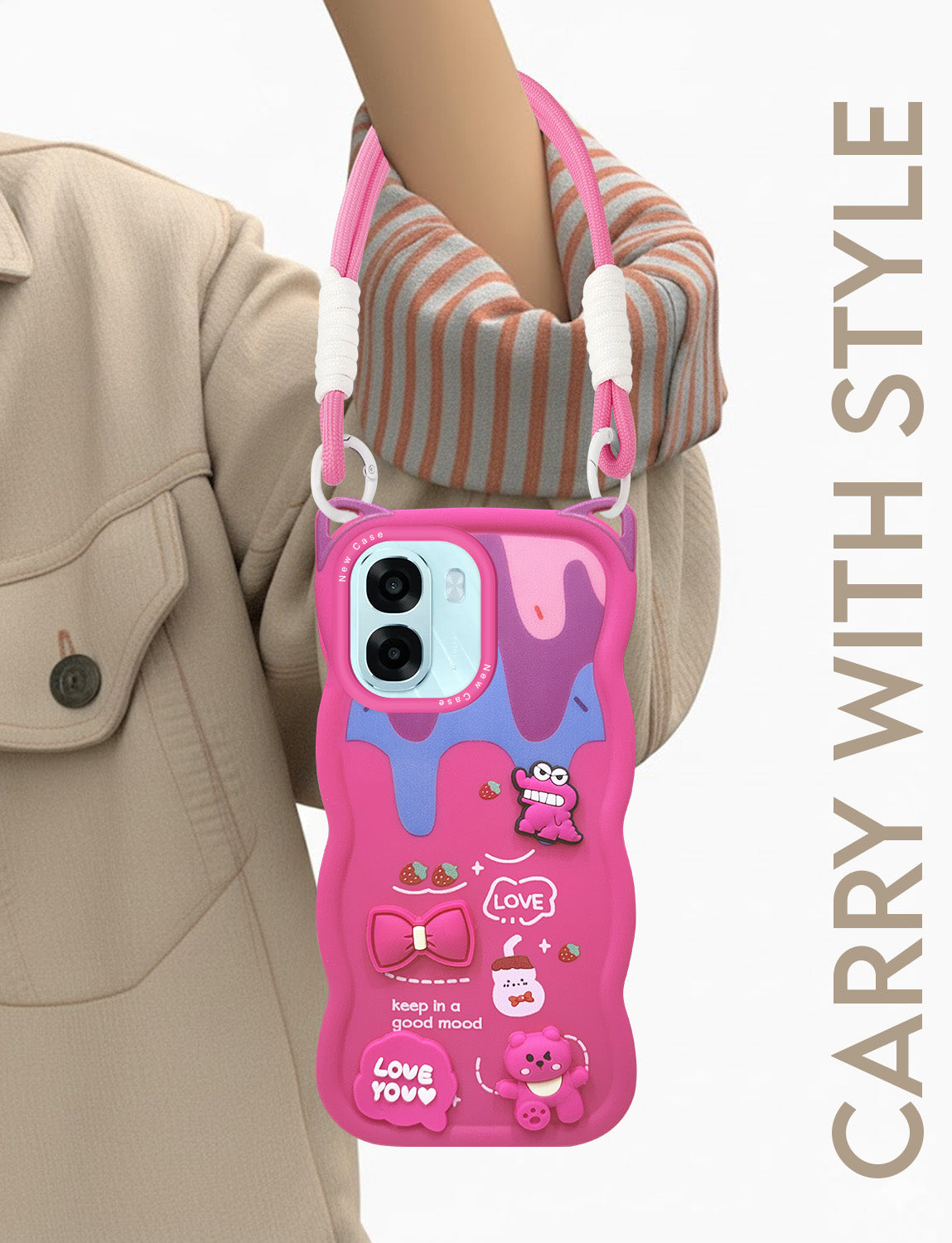 For Oppo A6X | Oppo A6S Back Case Cover Strap (3D Embossed Figures | Strap Holder | 360* Soft Cushion with Camera Bump)