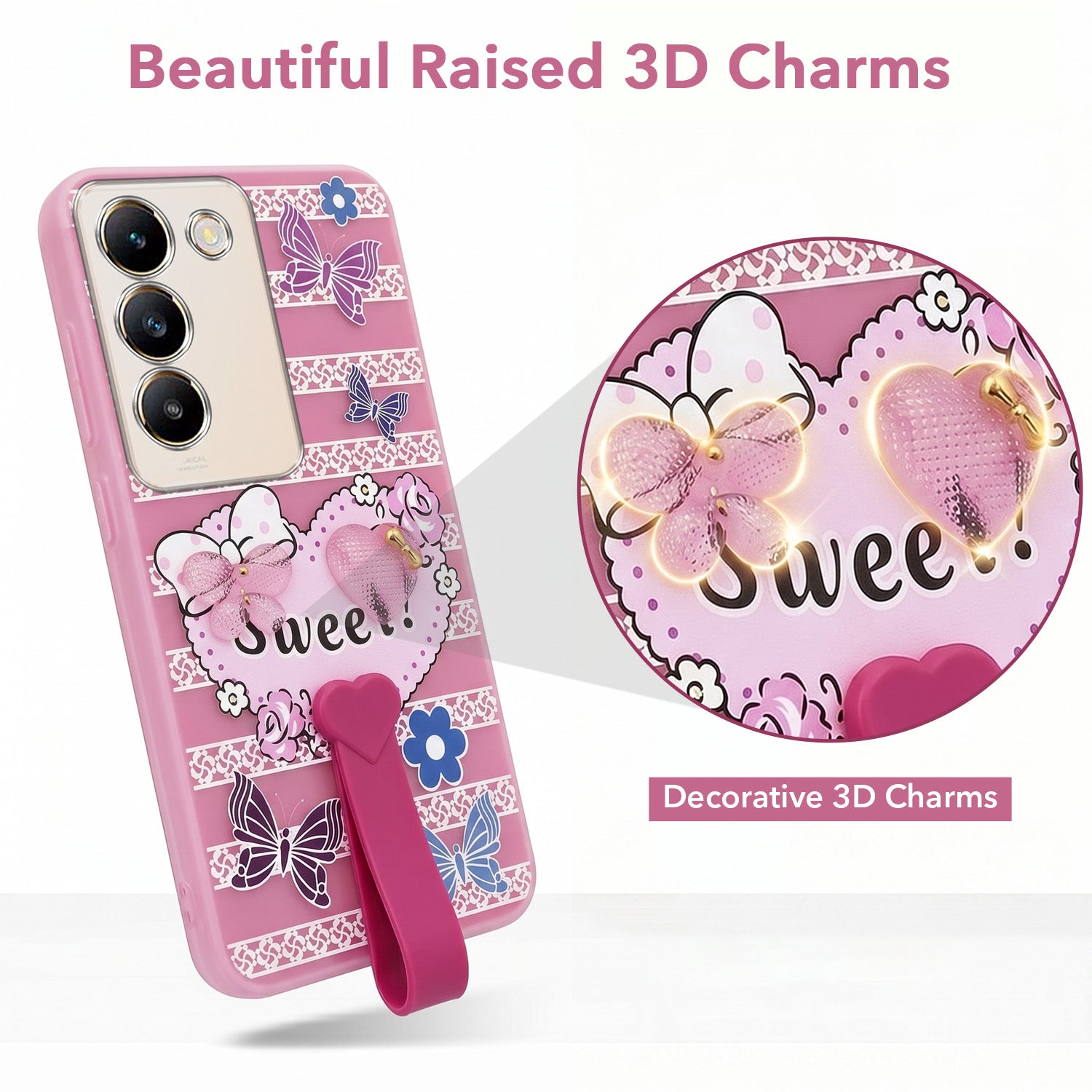 For Vivo Y200e Back Cover Case (3D Cute Heart Strap Holder | Camera Protection | Designer Girls Print)