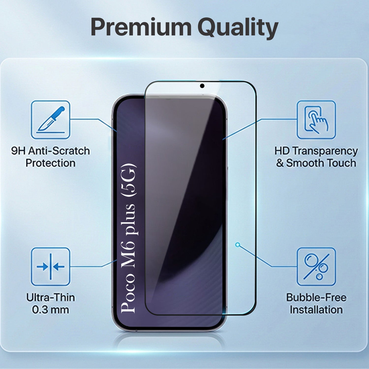 For Poco M6 Plus 5G Combo with Back Cover and 9H Tempered Glass (Liquid Silicone | Camera Protection | Oleophobic Coating Screen Glass)