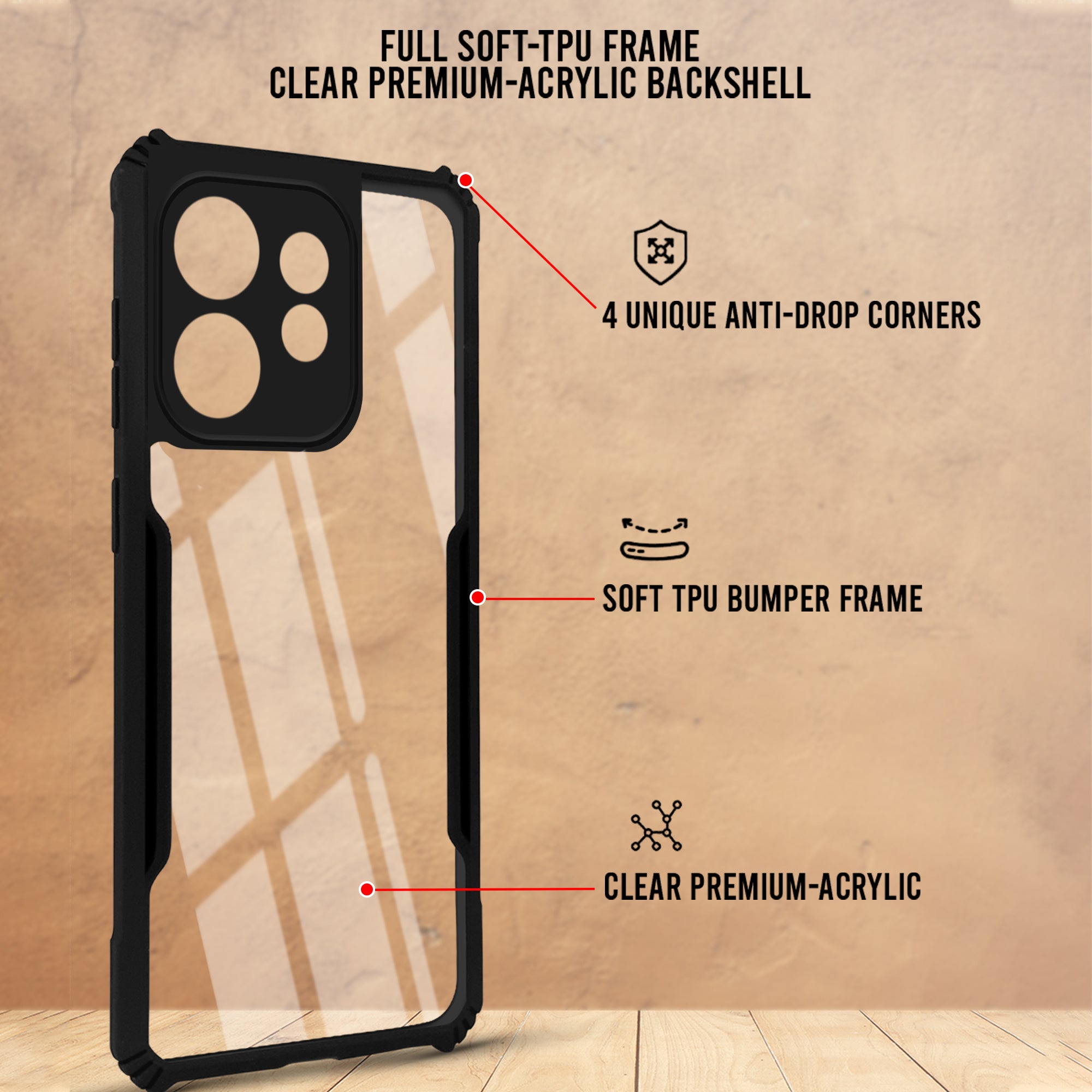 For Oppo Reno 16 Back Cover Case Hybrid (Shockproof with Polycarbonate Clear Panel | Professional Black)