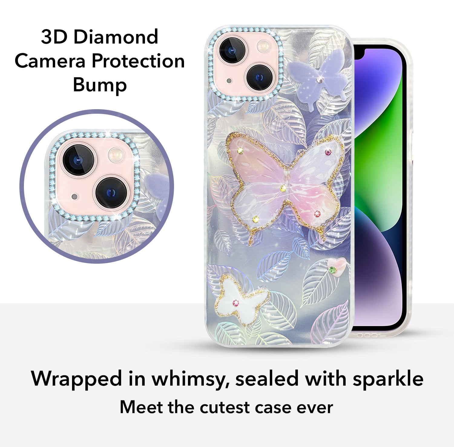 For Apple iPhone 14 Plus Back Cover Case (Luxury Floral Glitter Cute Butterfly | Diamond Studded Camera Bump | Girls & Women Design)
