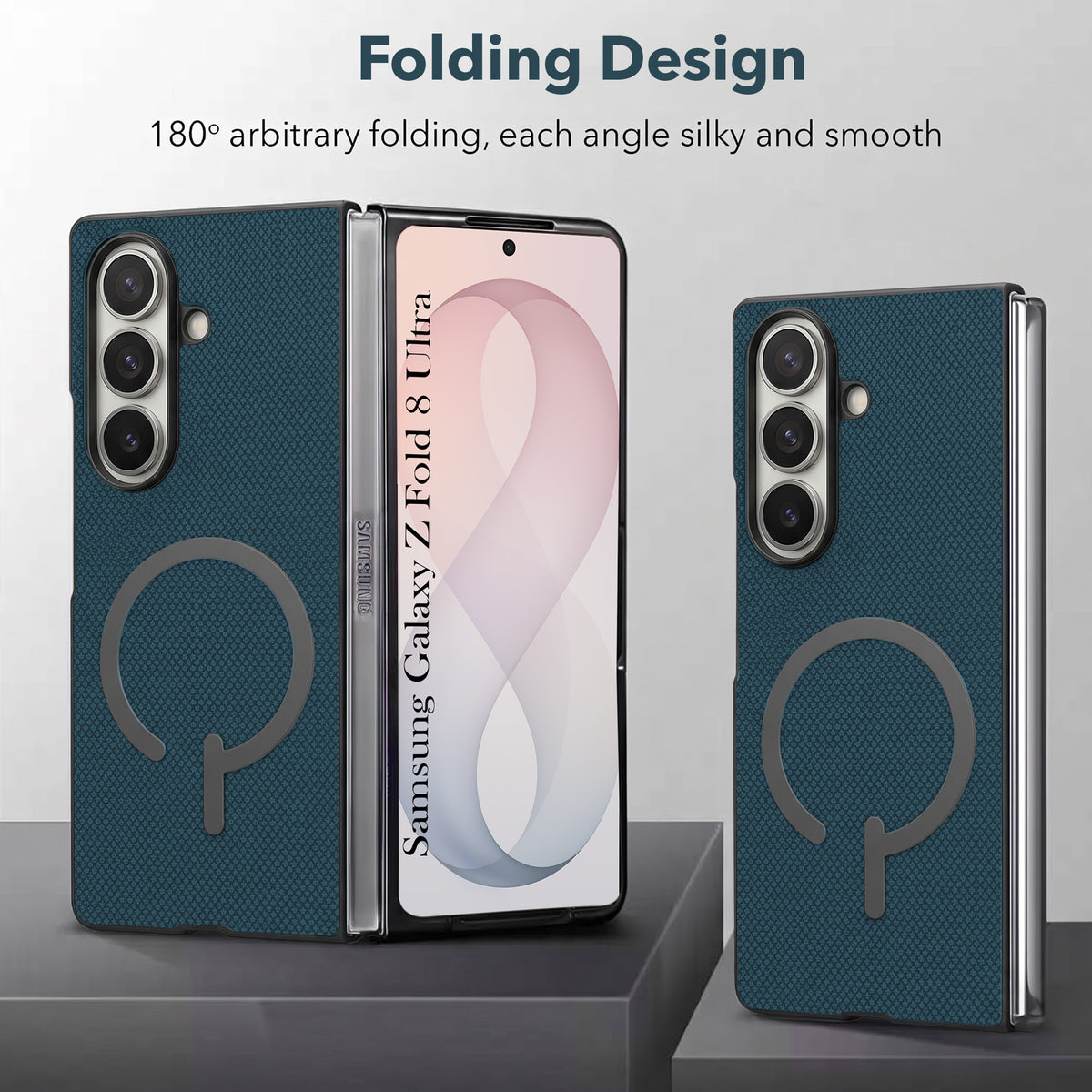 For Samsung Galaxy Z Fold 8 Ultra Premium Magnetic Back Cover Case (MagSafe Compatible | 180° Folding Design | Soft Microfiber Inner Lining | Textured Blue Finish)
