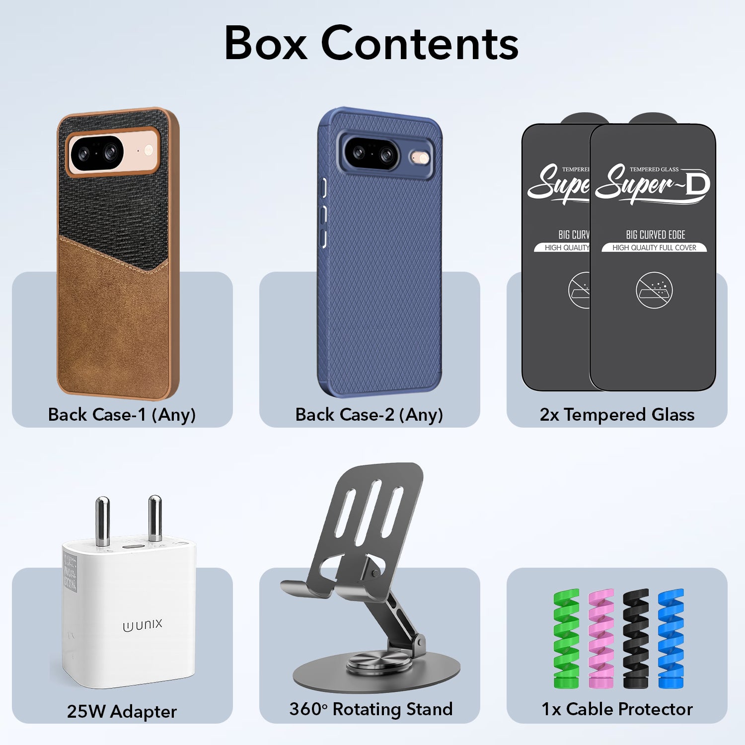 Complete Mobile Care Kit (Get Any 2 Cases+2 Tempered Glass+25W Charger Adapter+Metallic Mobile Stand+Cable Protector)