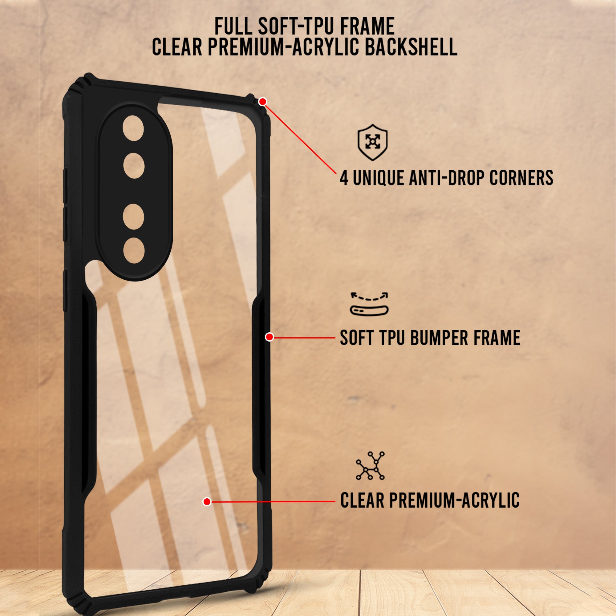For Honor 90 5G Back Cover Case Hybrid (Shockproof with Polycarbonate Clear Panel | Professional Black)