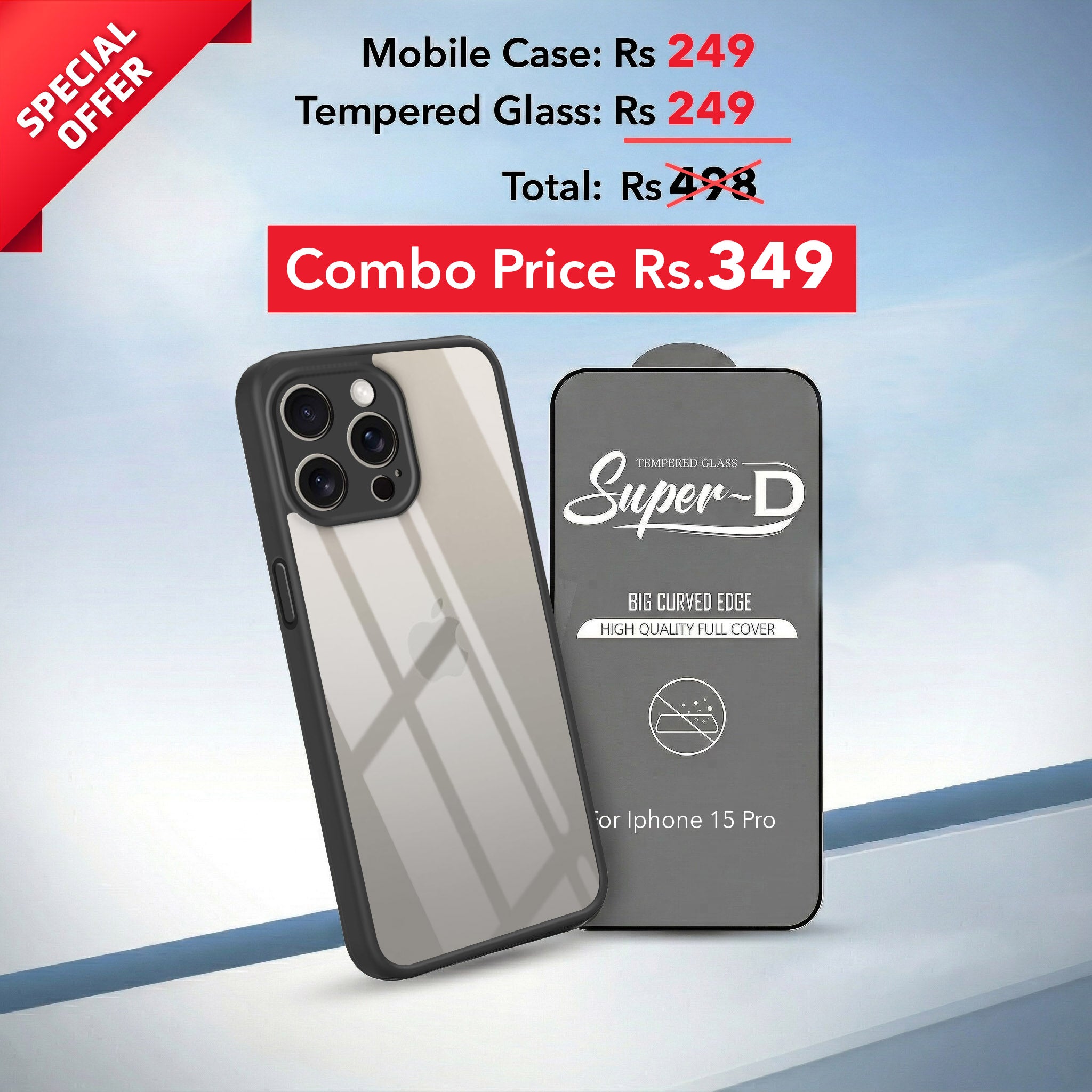 For Apple iPhone 15 Pro Combo with Back Cover and 9H Tempered Glass (Lifetime Anti-Yellow | Crystal Clear Shockproof | Oleophobic Coating Screen Glass)
