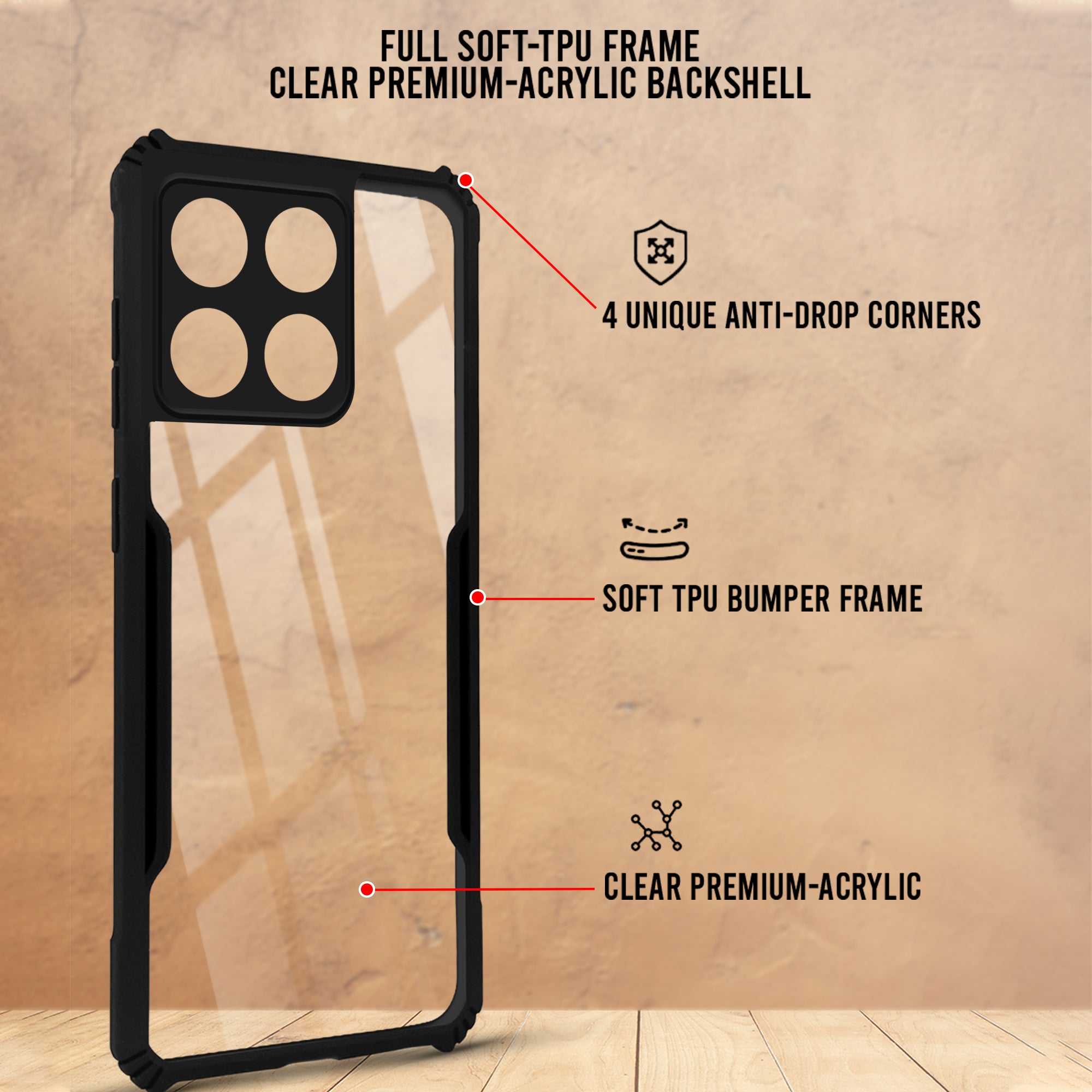 For Motorola Moto Edge 70 Back Cover Case Hybrid (Shockproof with Polycarbonate Clear Panel | Professional Black)