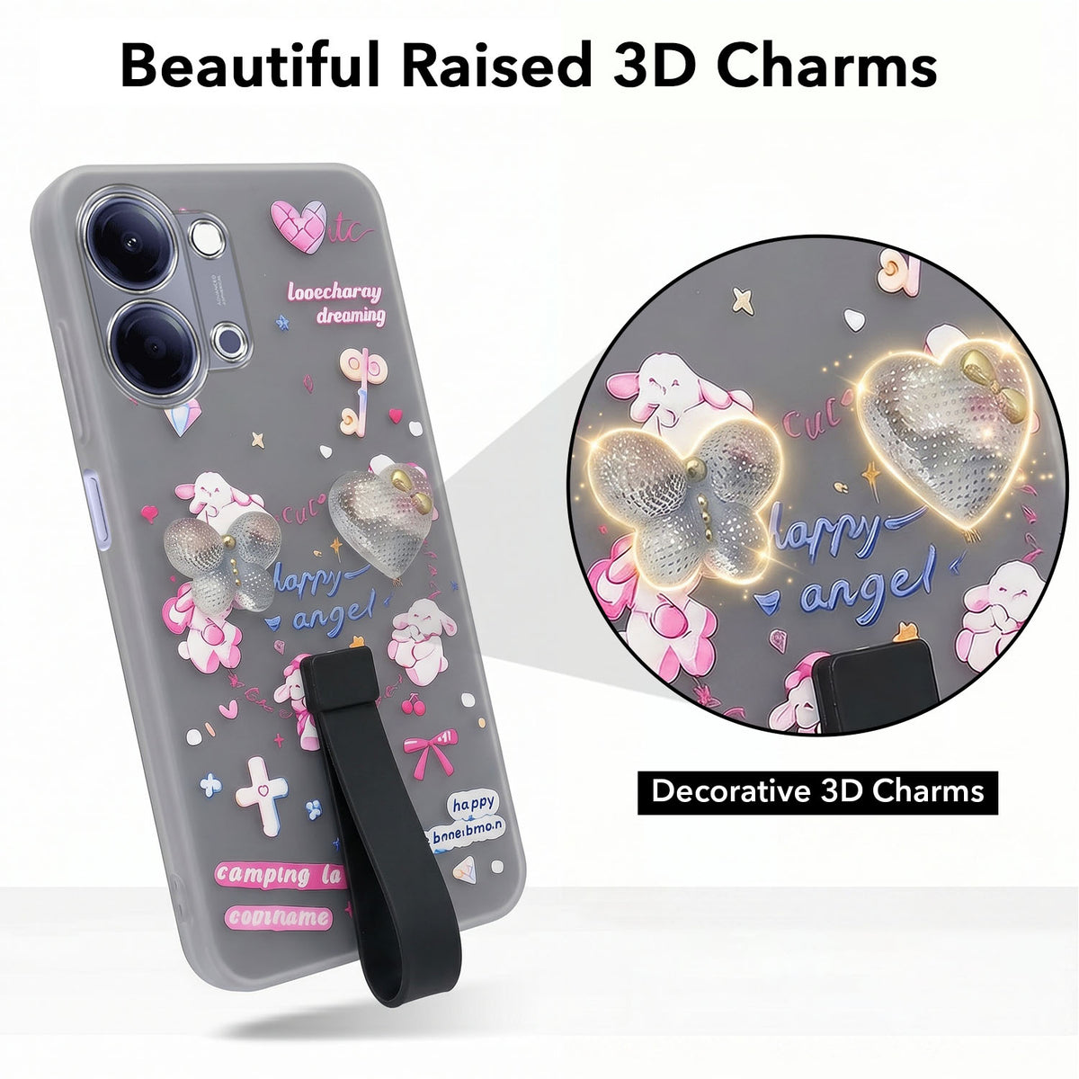 For Vivo Y05 (4G) | Vivo T5 Lite (5G) Back Cover Case (3D Cute Heart Strap Holder | Camera Protection | Designer Girls Print)