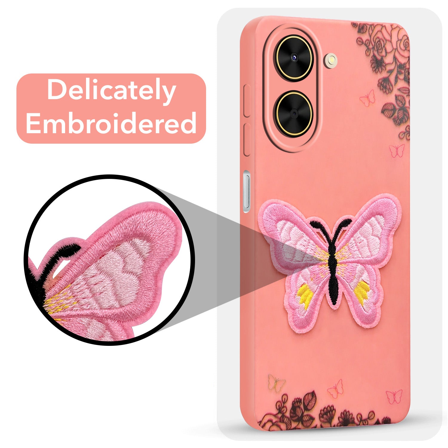For Poco C71 Back Cover (Soft Butterfly Embroidery | Women Teen Girls | Camera Protection| Matte Silicone)