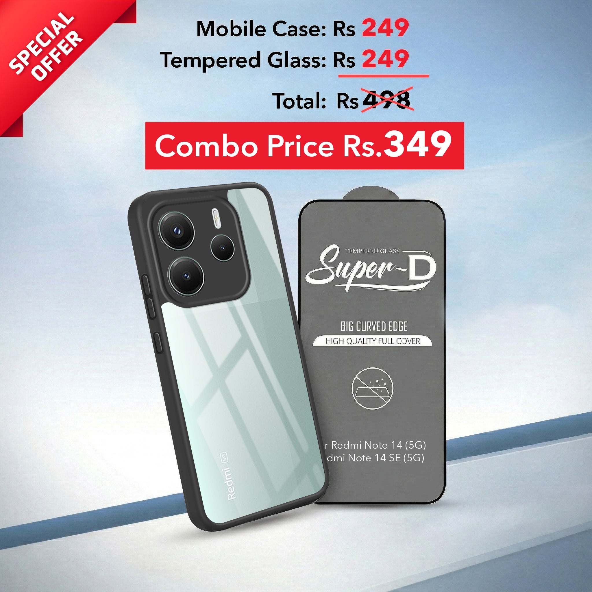 For Redmi Note 14 5G | Redmi Note 14 SE Combo with Back Cover and 9H Tempered Glass (Lifetime Anti-Yellow | Crystal Clear Shockproof | Oleophobic Coating Screen Glass)