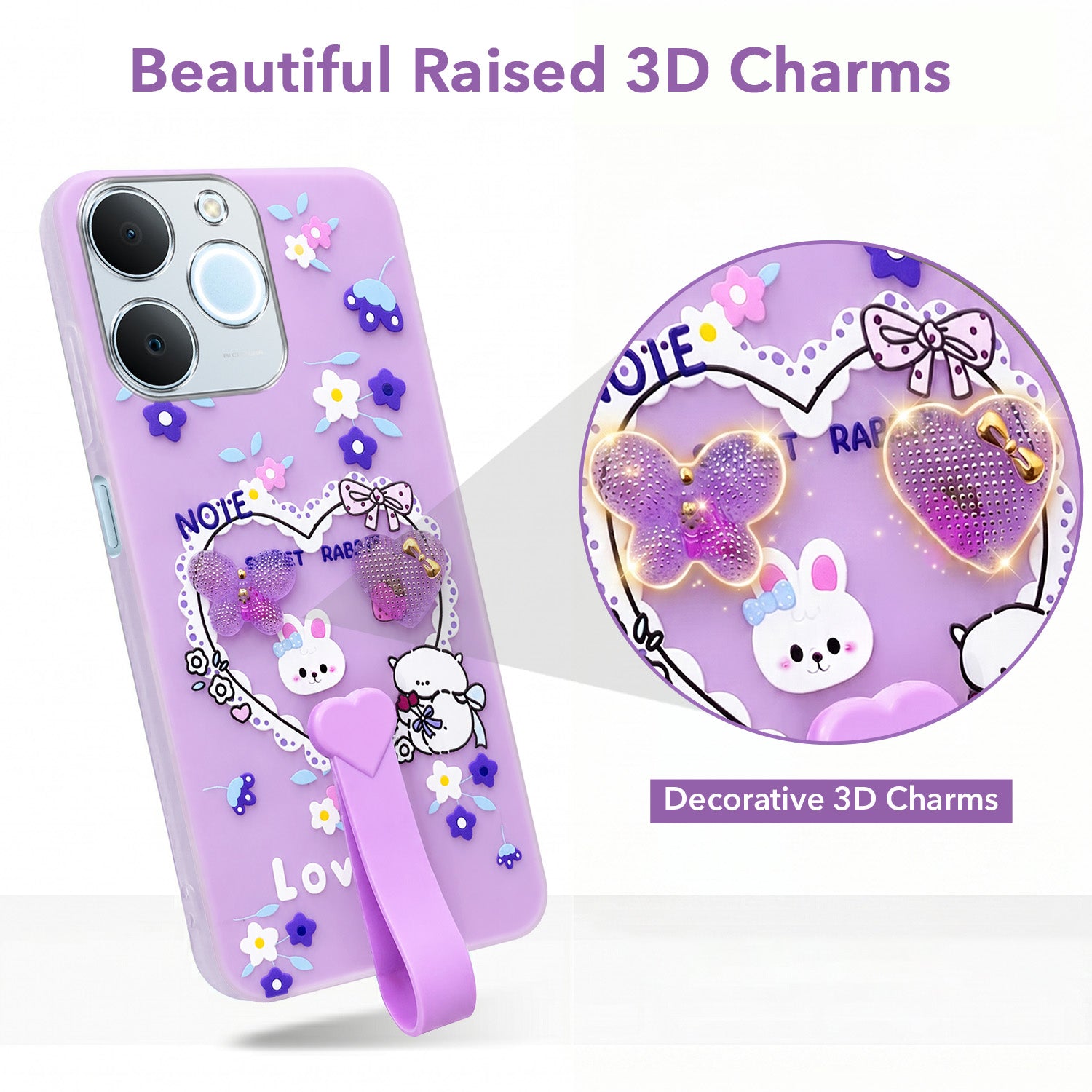 For Realme C71 Back Cover Case (3D Cute Heart Strap Holder | Camera Protection | Designer Girls Print)