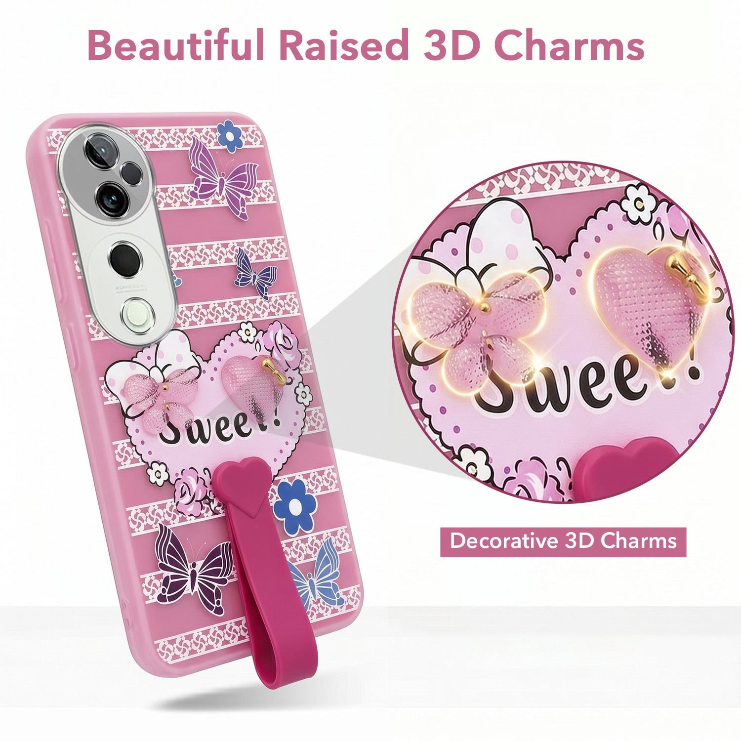 For Vivo T3 Ultra Back Cover Case (3D Cute Heart Strap Holder | Camera Protection | Designer Girls Print)
