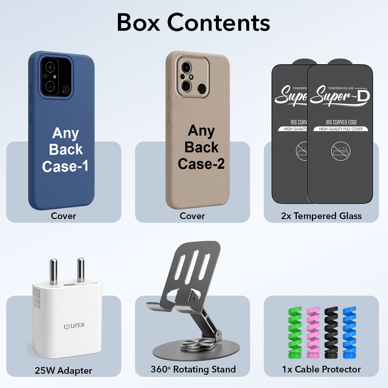 Complete Mobile Care Kit (Get Any 2 Cases+2 Tempered Glass+25W Charger Adapter+Metallic Mobile Stand+Cable Protector)