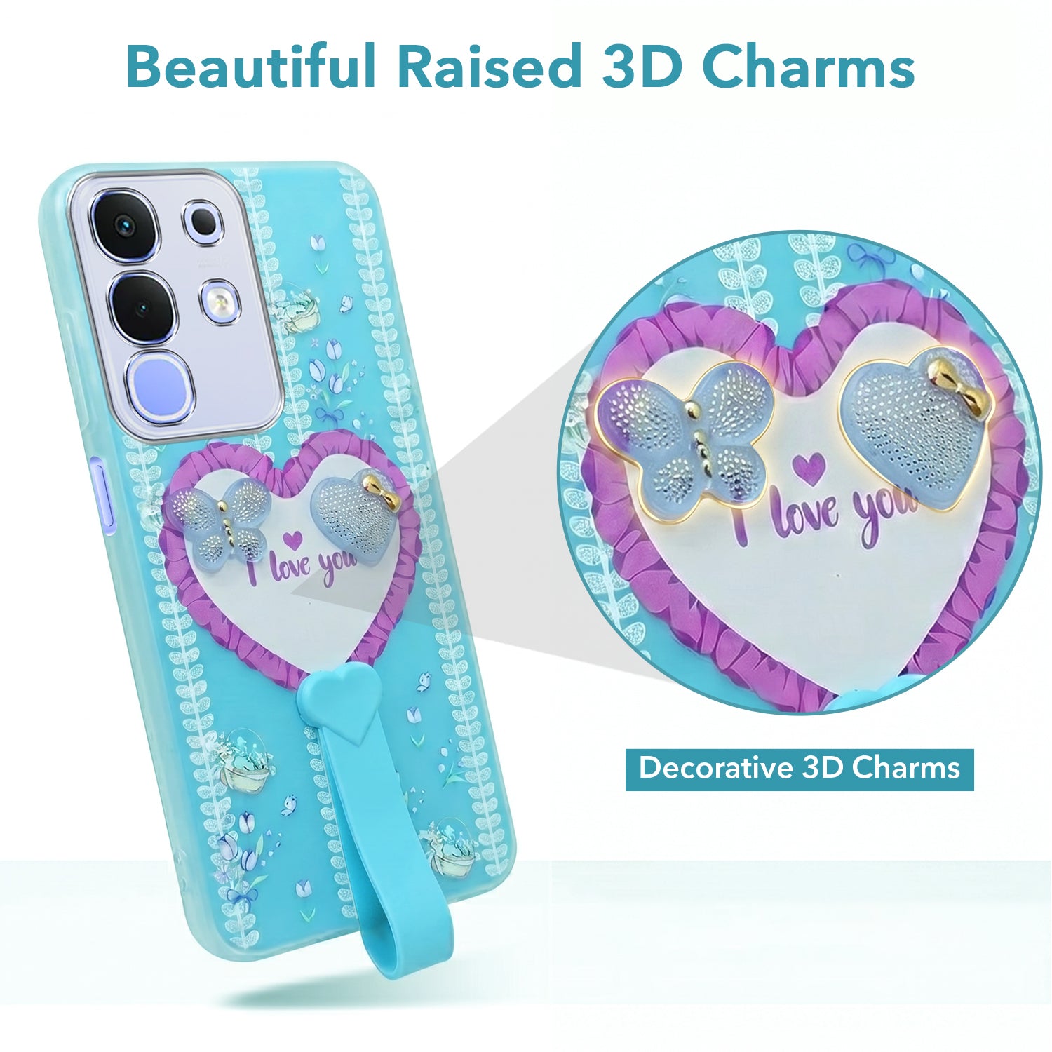 For Vivo iQOO Z10x Back Cover Case (3D Cute Heart Strap Holder | Camera Protection | Designer Girls Print)