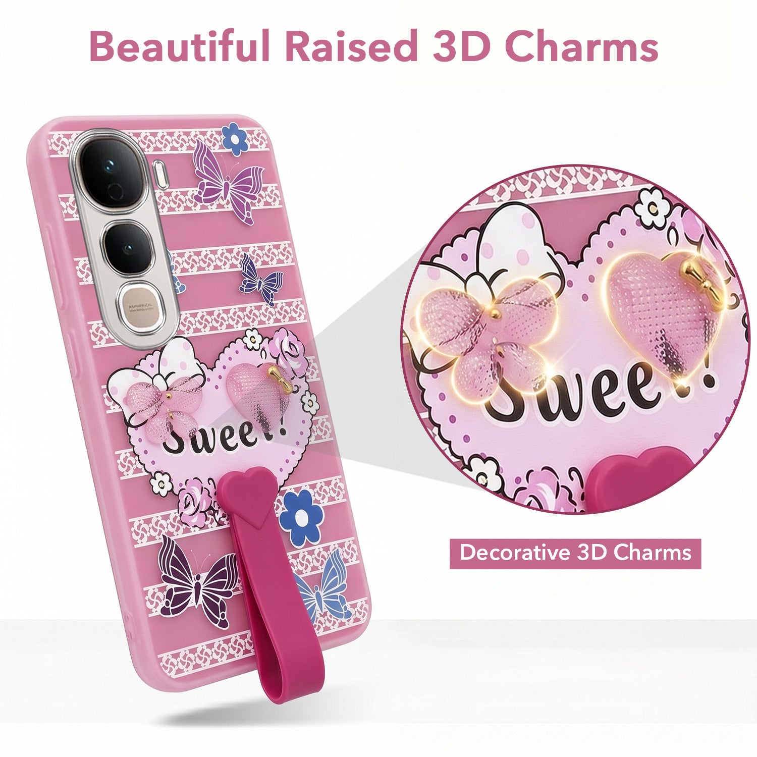 For Vivo Y400 Pro Back Cover Case (3D Cute Heart Strap Holder | Camera Protection | Designer Girls Print)