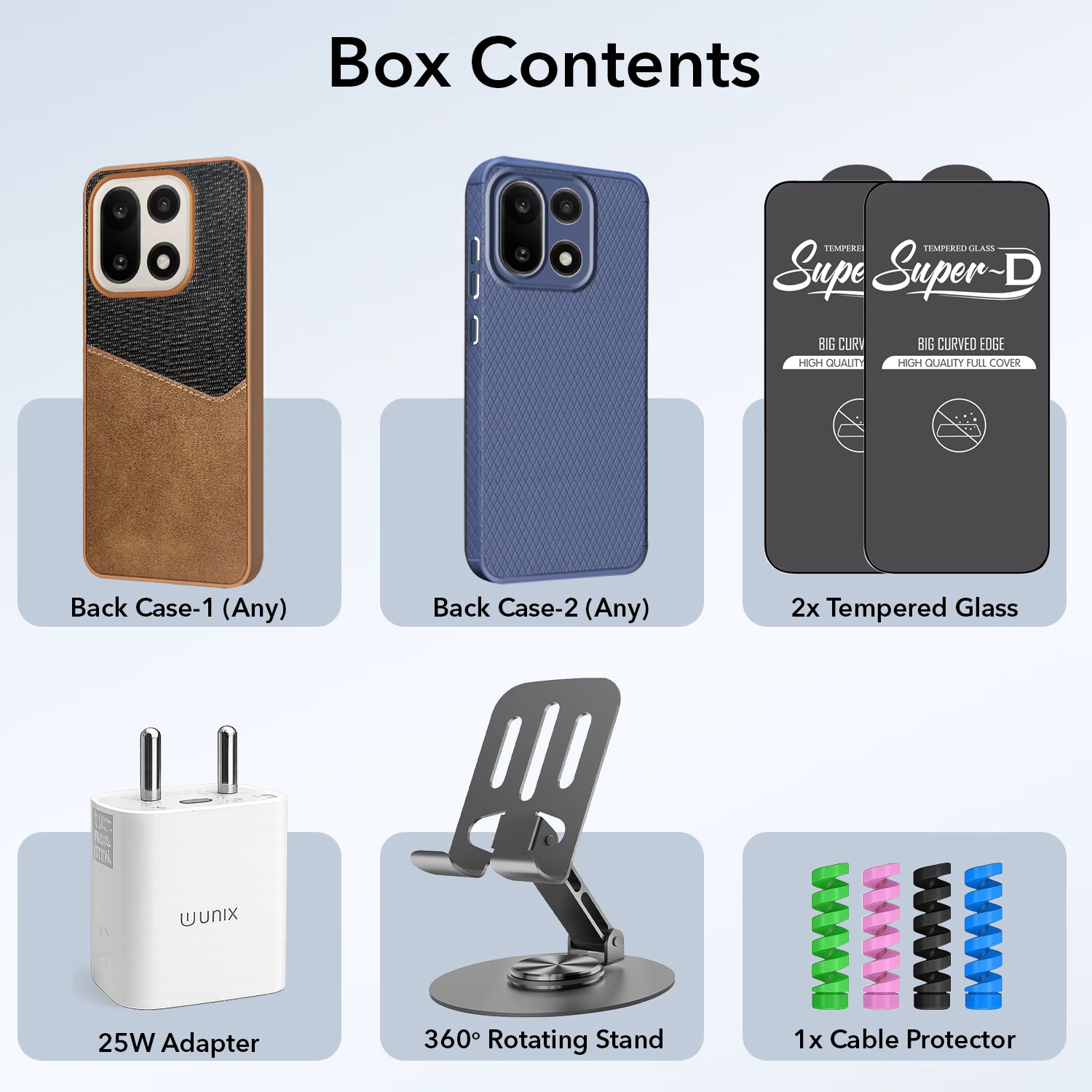 Complete Mobile Care Kit (Get Any 2 Cases+2 Tempered Glass+25W Charger Adapter+Metallic Mobile Stand+Cable Protector)