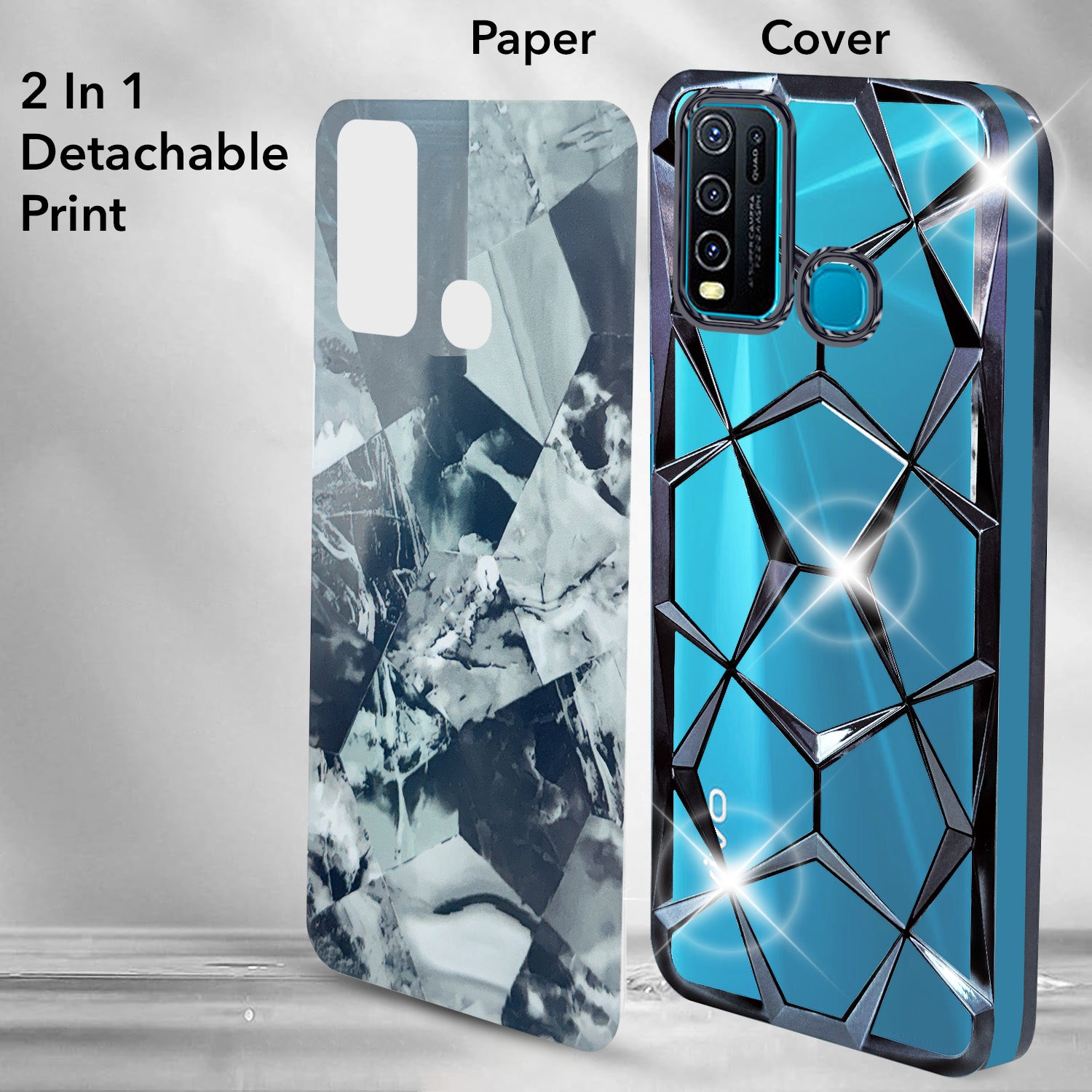 For Vivo Y30 Back Cover Case Compatible With ( Dual Design Glitter Sparkle and Detachable Diamond Print Case | Soft and Flexible)