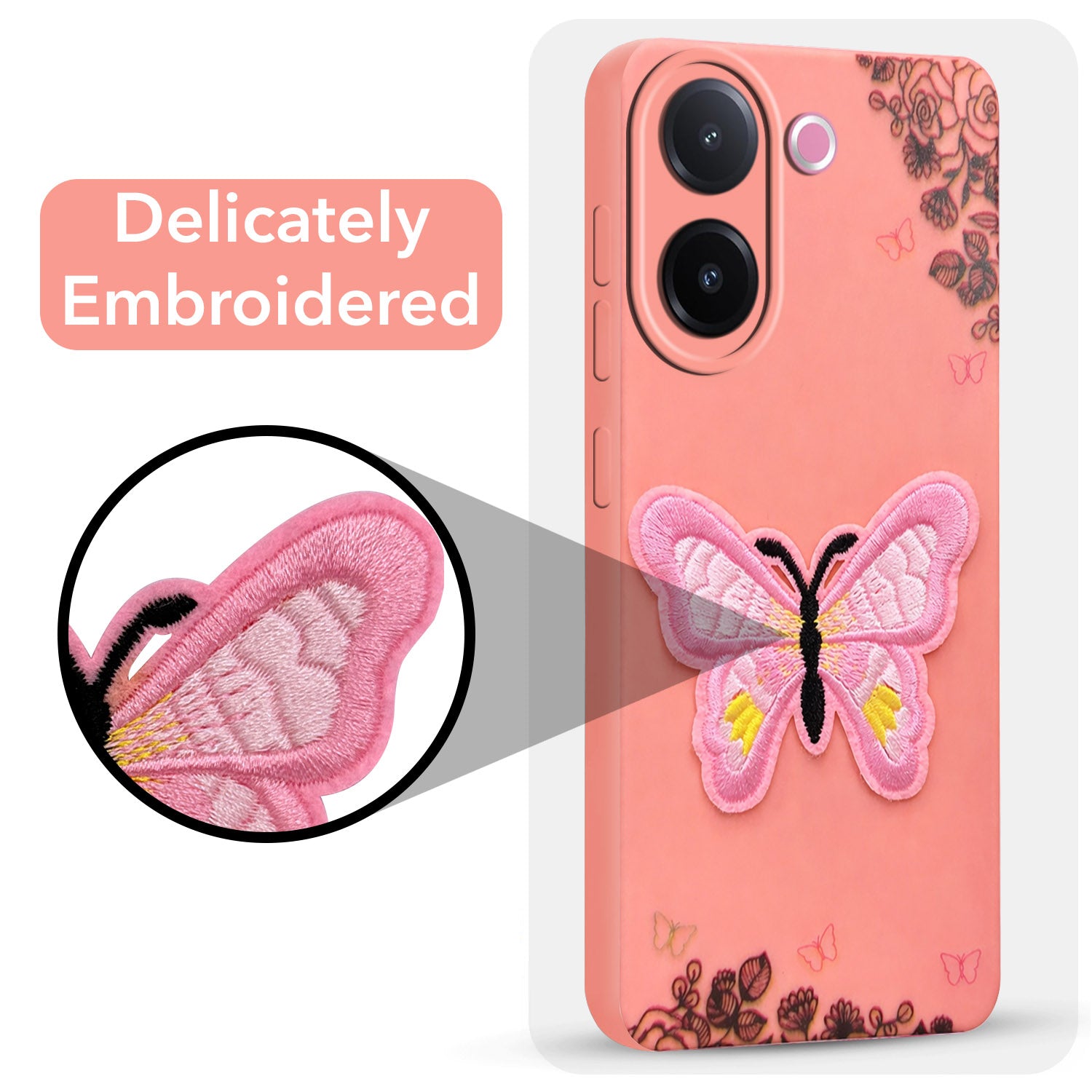 For Vivo V60e Back Cover Case (SoFt Butter Fly Embroidery | Women Teen Girls | Camera Protection| Matte Silicone)