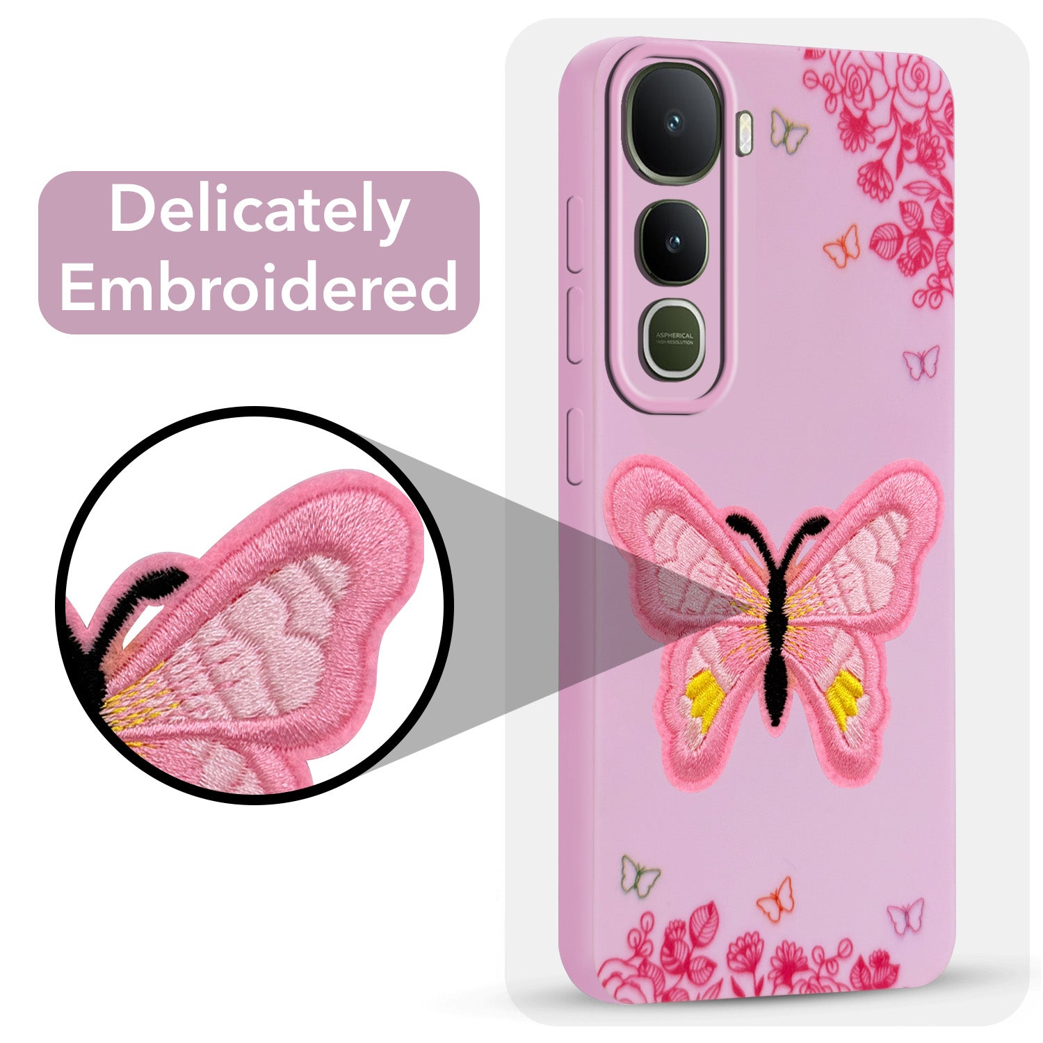 For Vivo Y400 Back Cover Case (Soft Butterfly Embroidery | Women Teen Girls | Camera Protection| Matte Silicone)