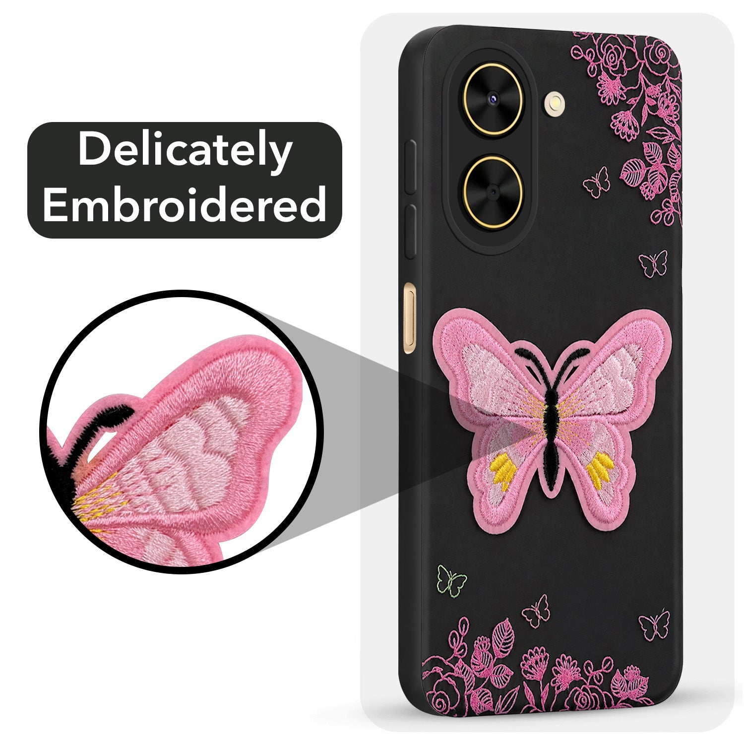 For Poco C71 Back Cover (Soft Butterfly Embroidery | Women Teen Girls | Camera Protection| Matte Silicone)
