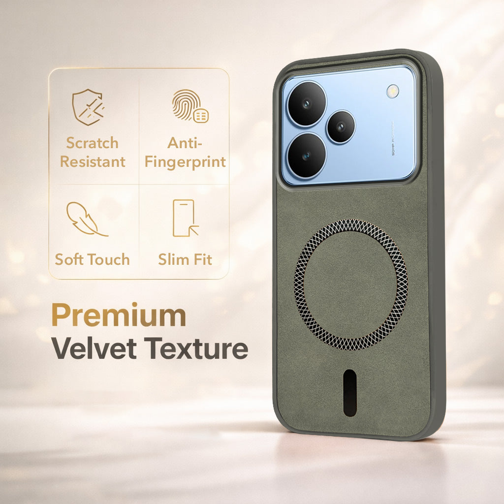 For Realme P4 Back Cover Case Leather Finish (MagSafe Compatible Wireless Charging | Soft Touch | Camera Bump Protection)